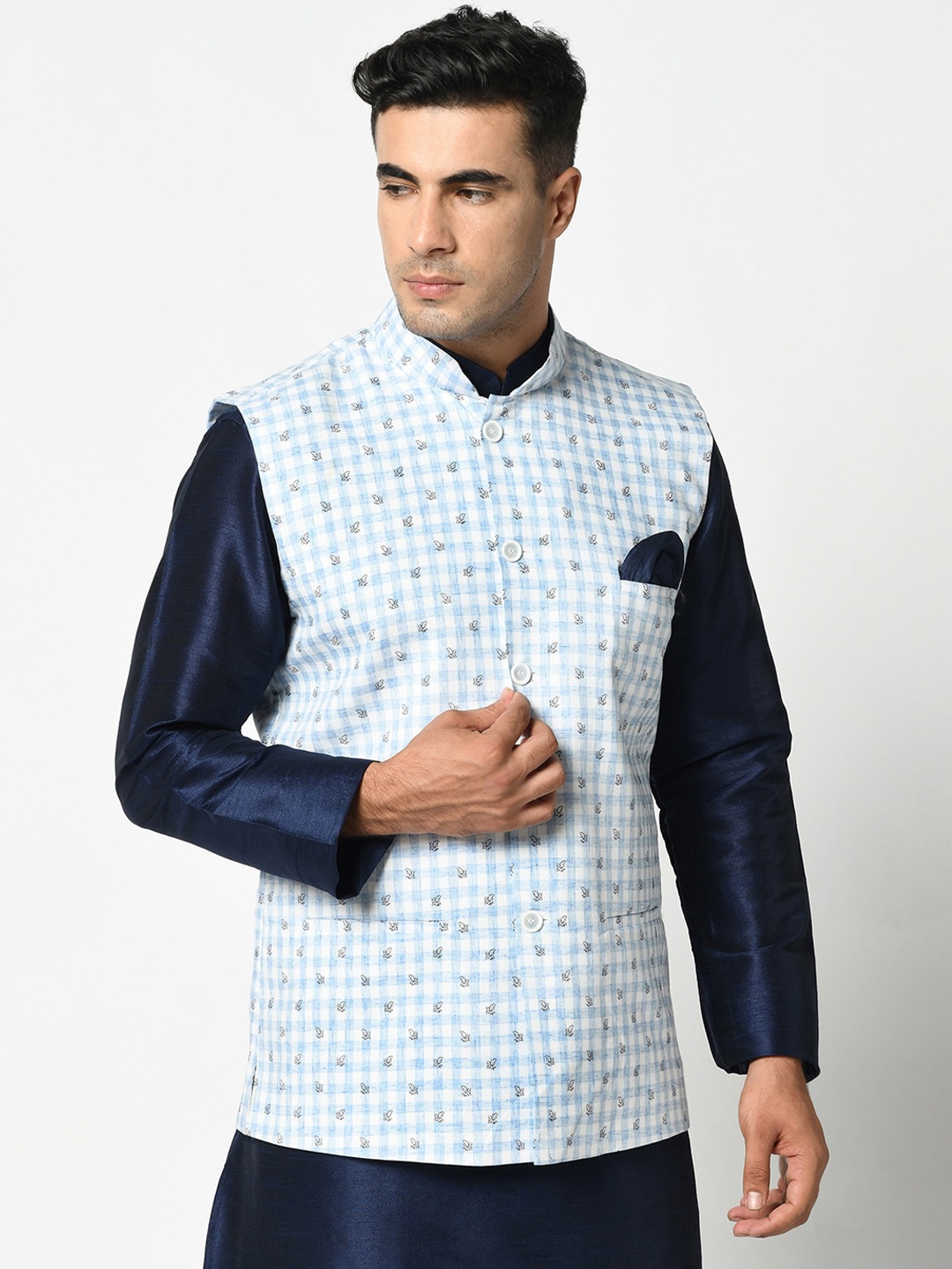 

DEYANN Men Printed Pure Cotton Nehru Jackets, Blue