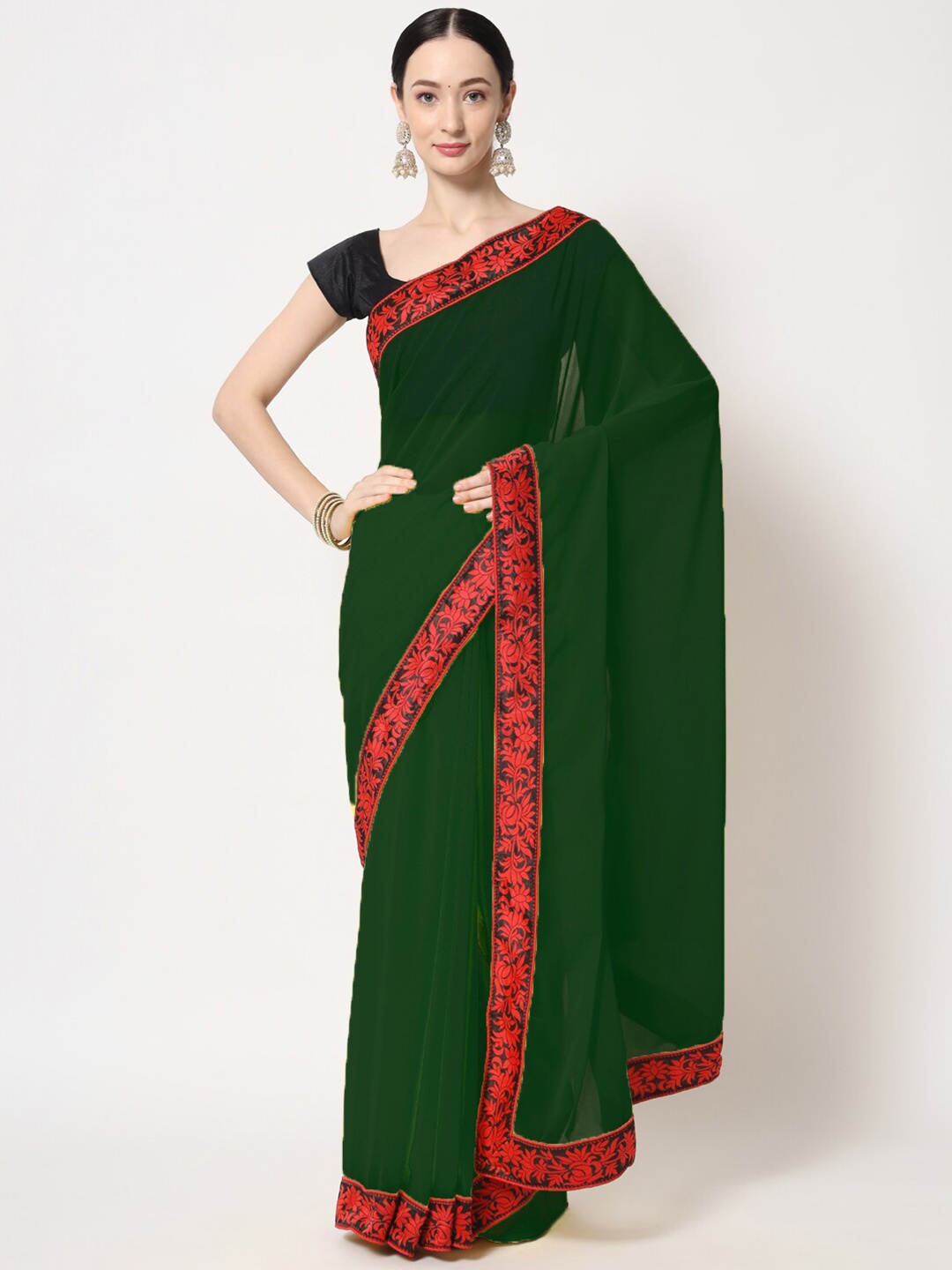 

B4ME COM Woven Design Border Saree, Green