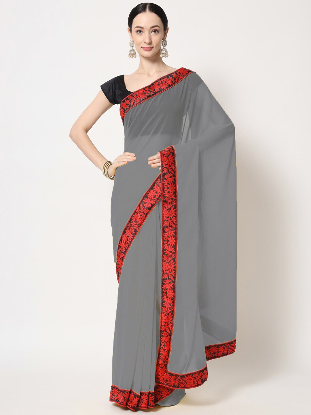 

B4ME COM Woven Design Border Saree, Grey