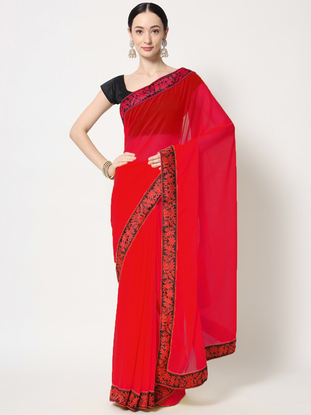 

B4ME COM Woven Design Border Saree, Red
