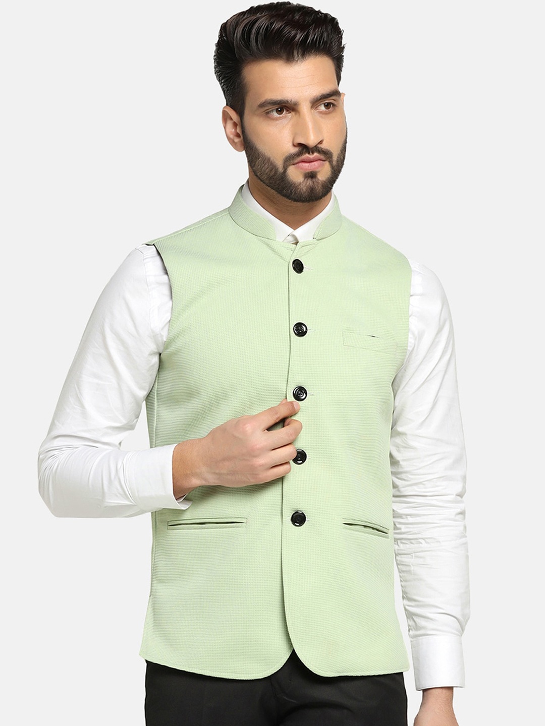 

TAHVO Men Self-Design Nehru Jacket, Green