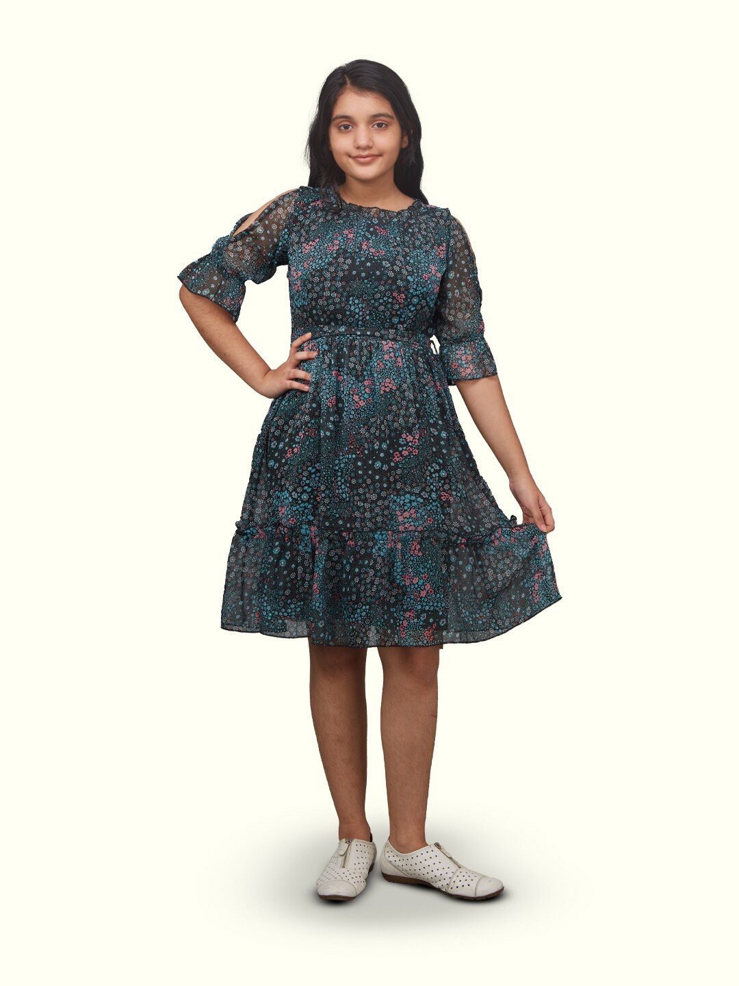 

Zalio Girls Floral Printed Fit And Flare Cotton Dress, Navy blue
