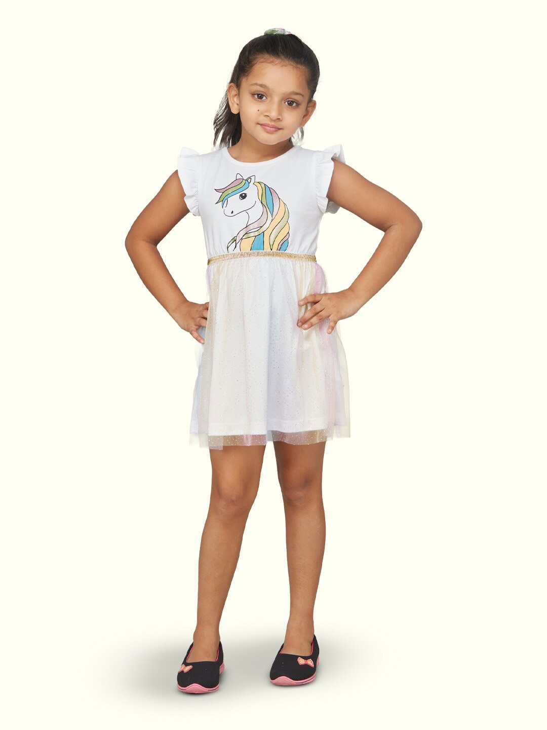 

Zalio Girls Graphic Printed Fluttered Sleeves Cotton Dress, White