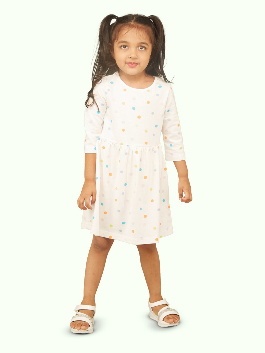 

Zalio Girls Polka Dots Printed Fit And Flare Cotton Dress, White