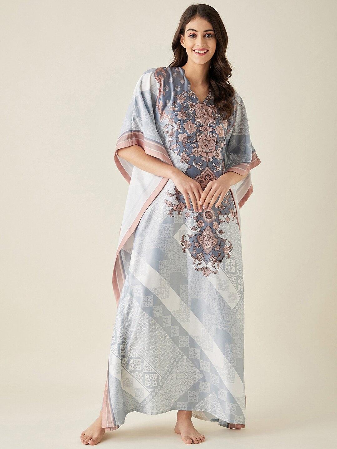 

The Kaftan Company Printed Satin Kaftan Maxi Nightdress, Grey