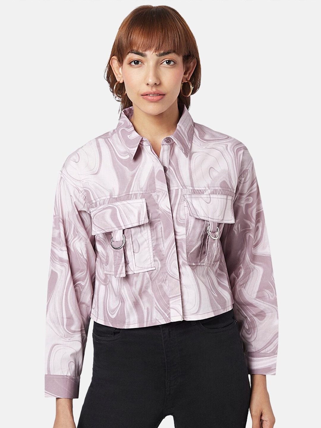 

SF JEANS by Pantaloons Abstract Print Shirt Style Cotton Crop Top, Mauve