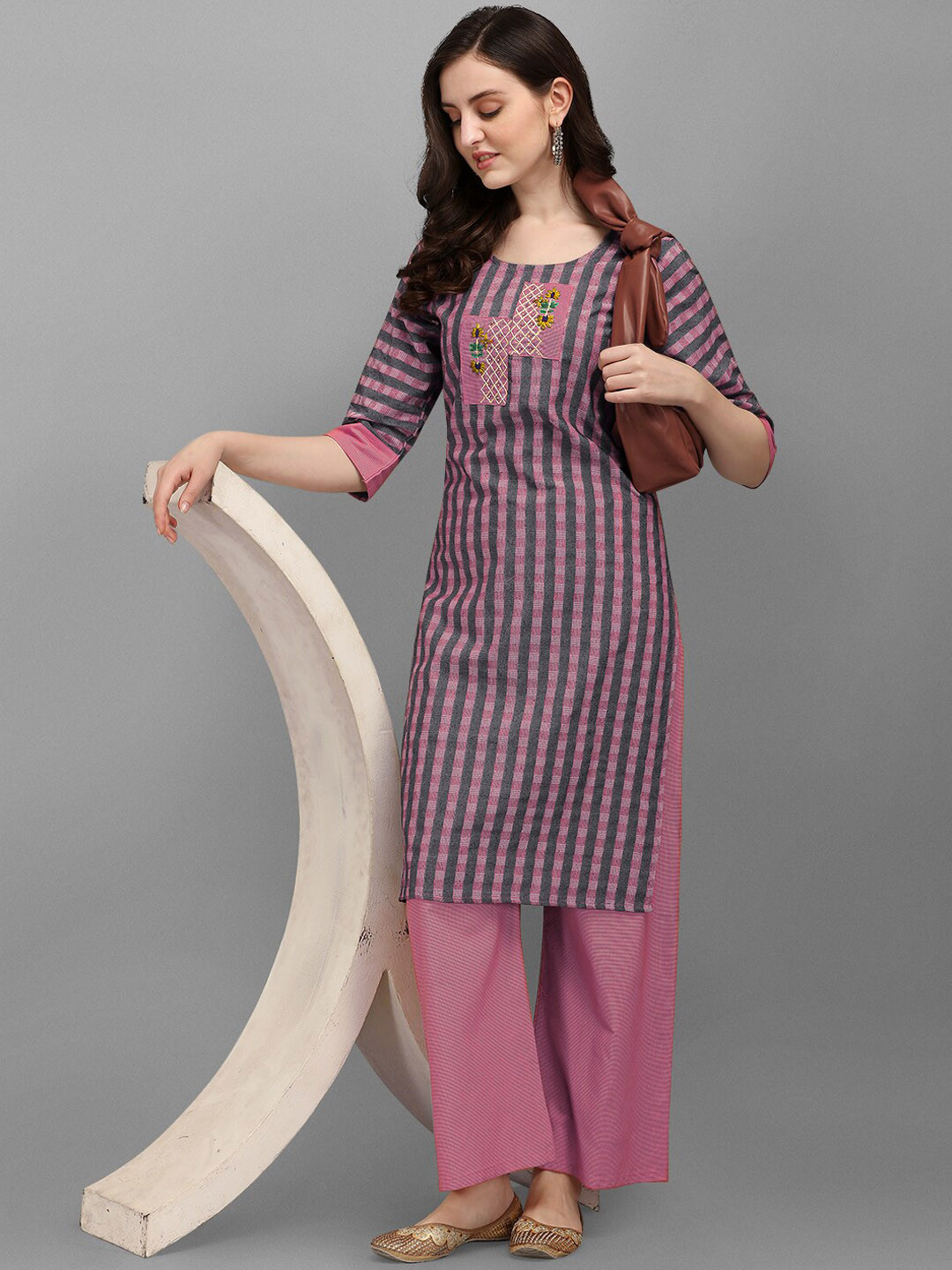 

KALINI Women Checked Embroidered Kurta with Palazzos, Pink