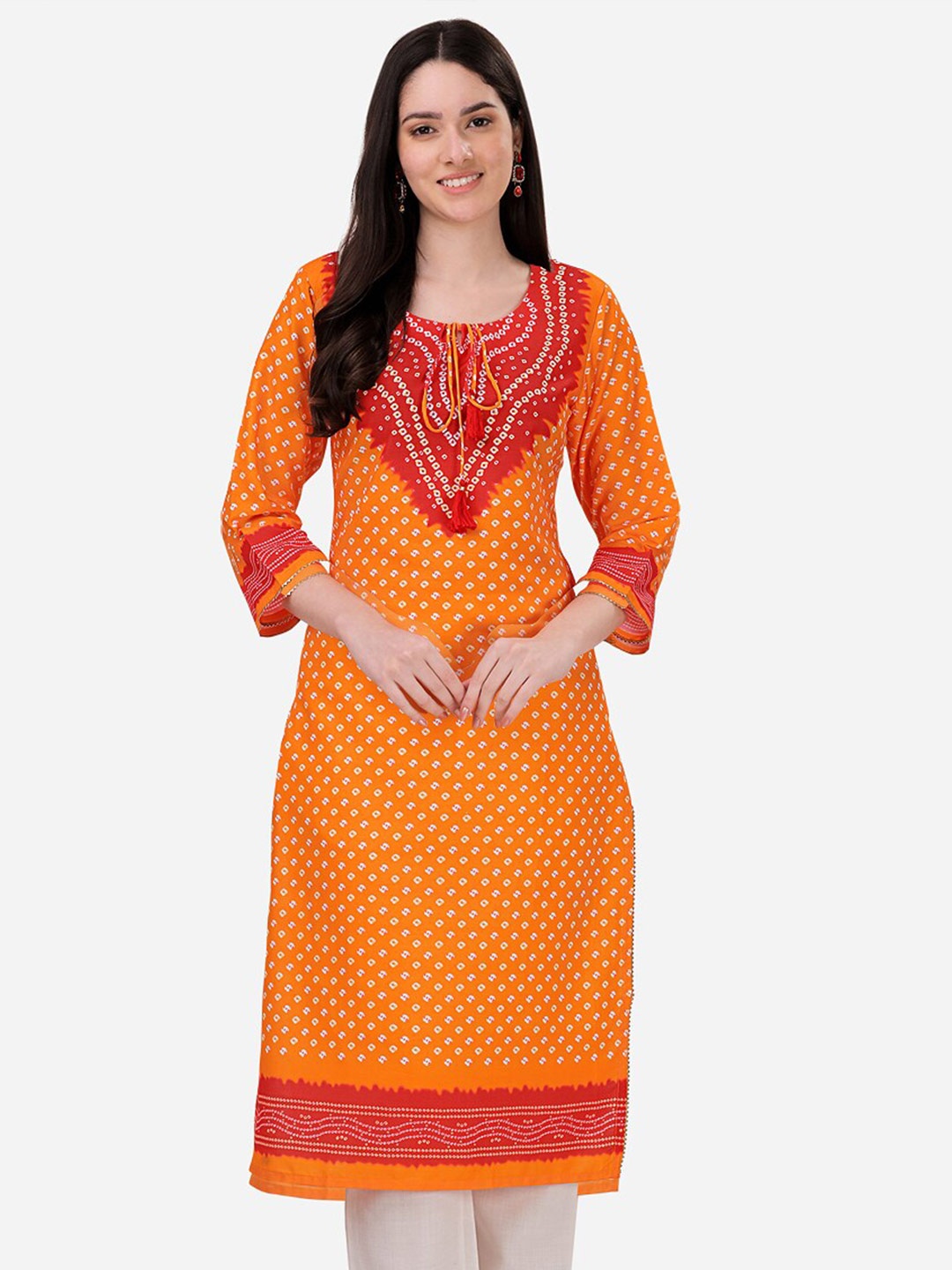 

HERE&NOW Women Bandhani Printed Gotta Patti Kurta, Mustard