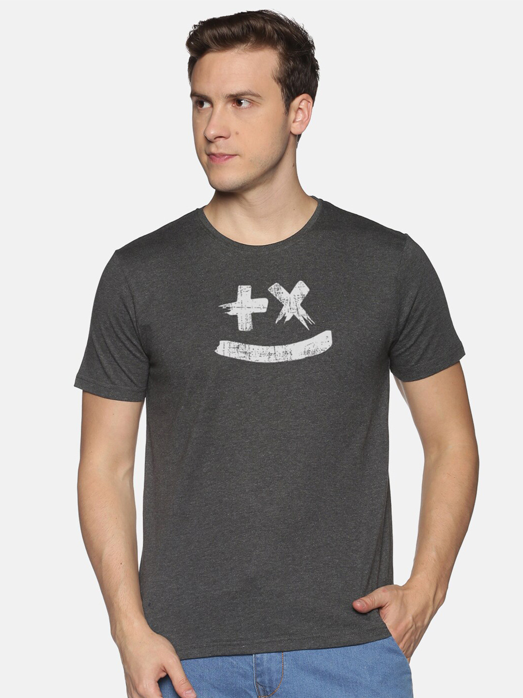 

BLACK RADIO Men Round Neck Slim Fit Cotton T-shirt, Charcoal
