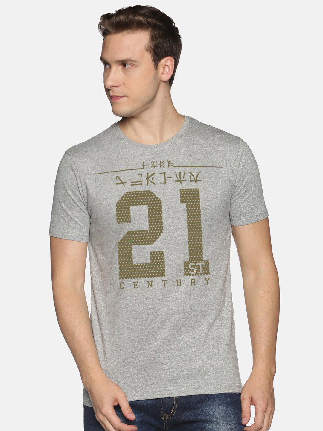 

BLACK RADIO Men Typography Printed Slim Fit Cotton T-shirt, Grey
