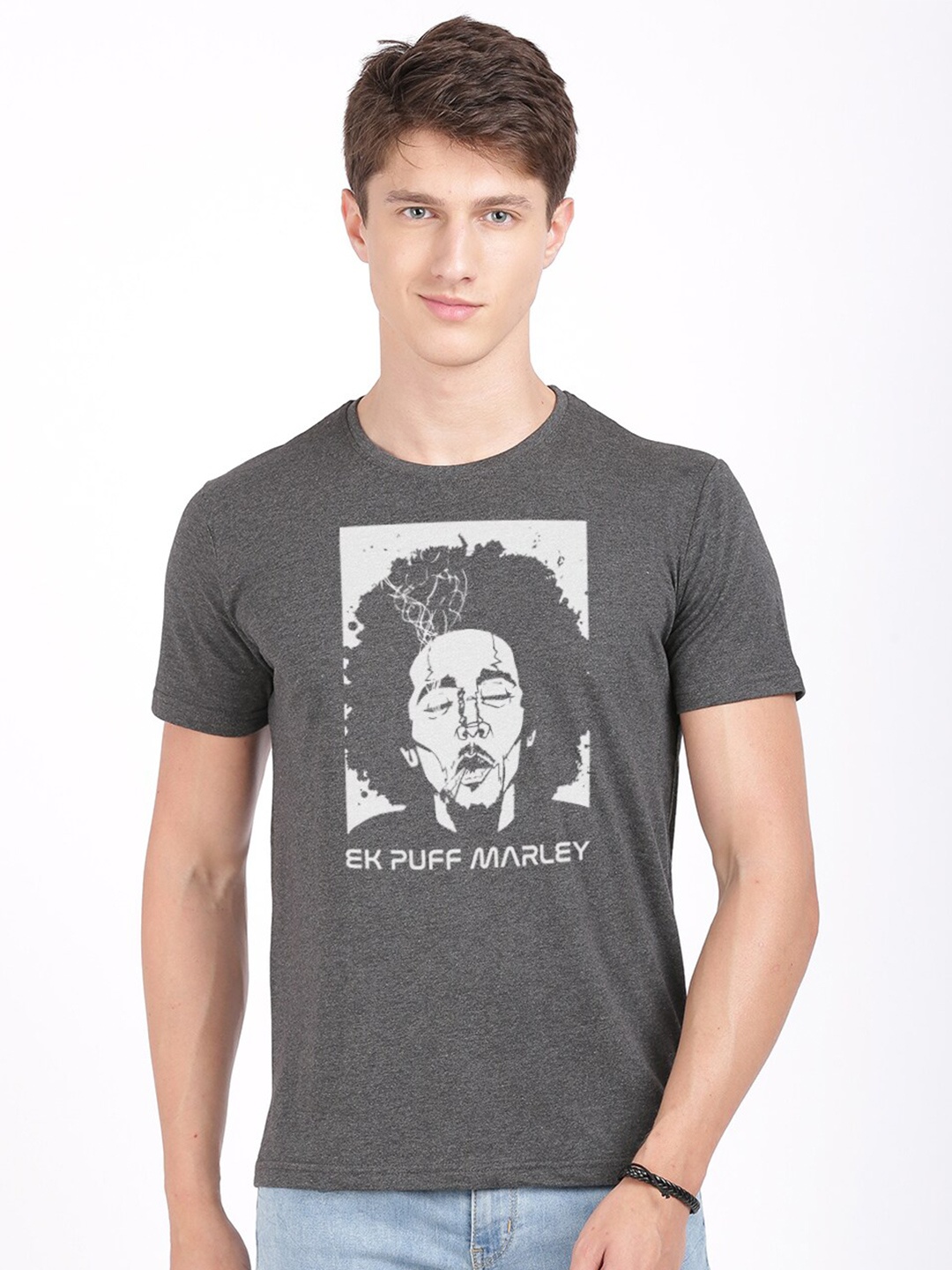 

BLACK RADIO Men Graphic Printed Slim Fit Cotton T-shirt, Charcoal