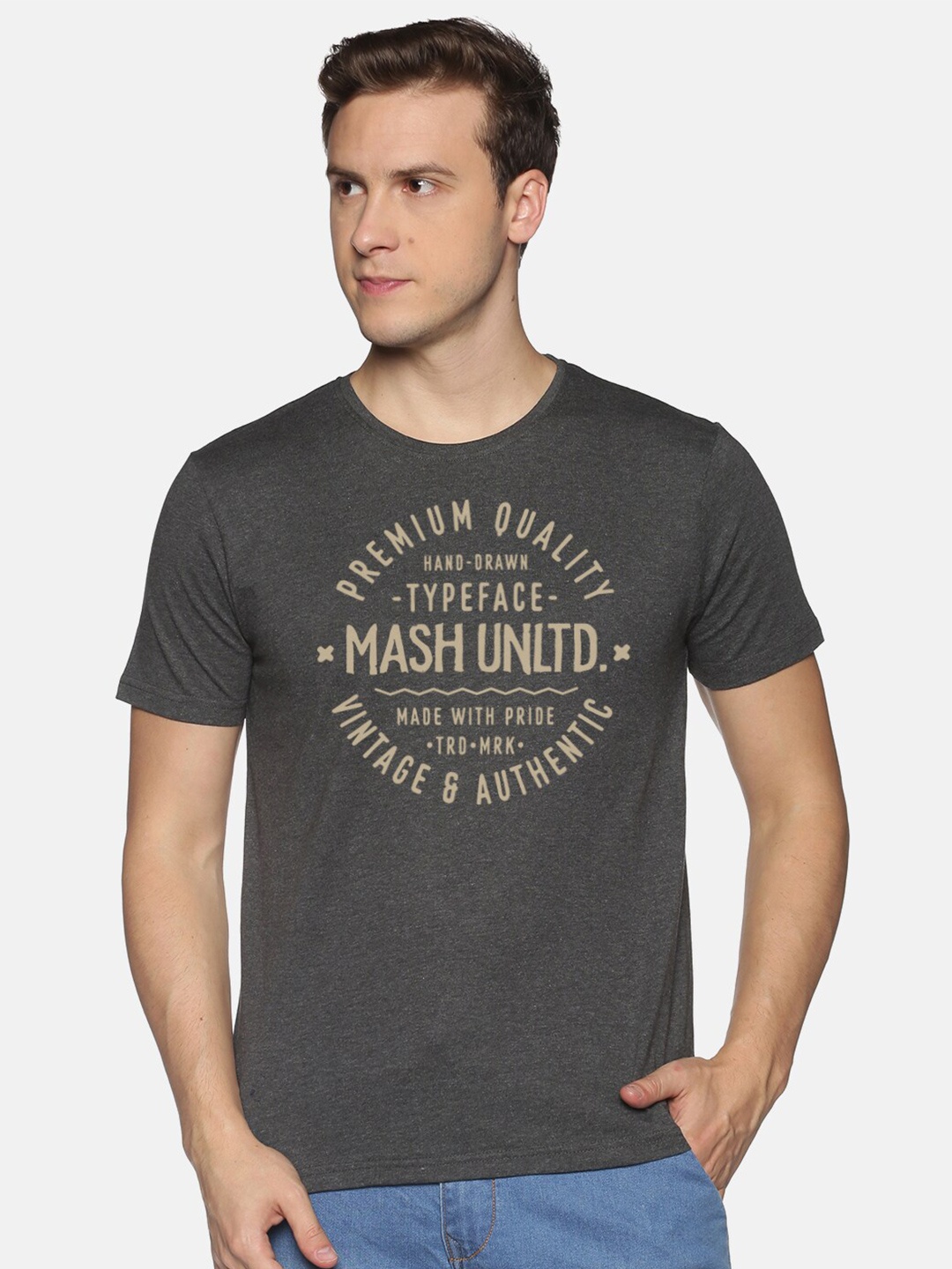 

BLACK RADIO Men Typography Printed Slim Fit Cotton T-shirt, Charcoal