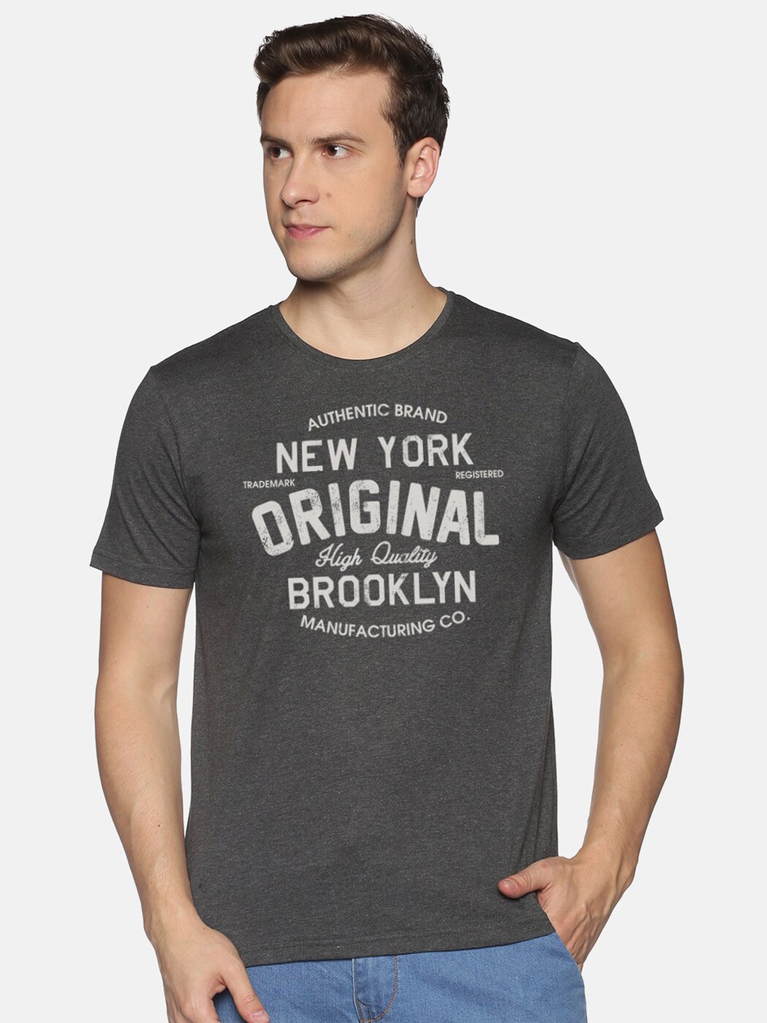 

BLACK RADIO Men Typography Printed Slim Fit Cotton T-shirt, Charcoal