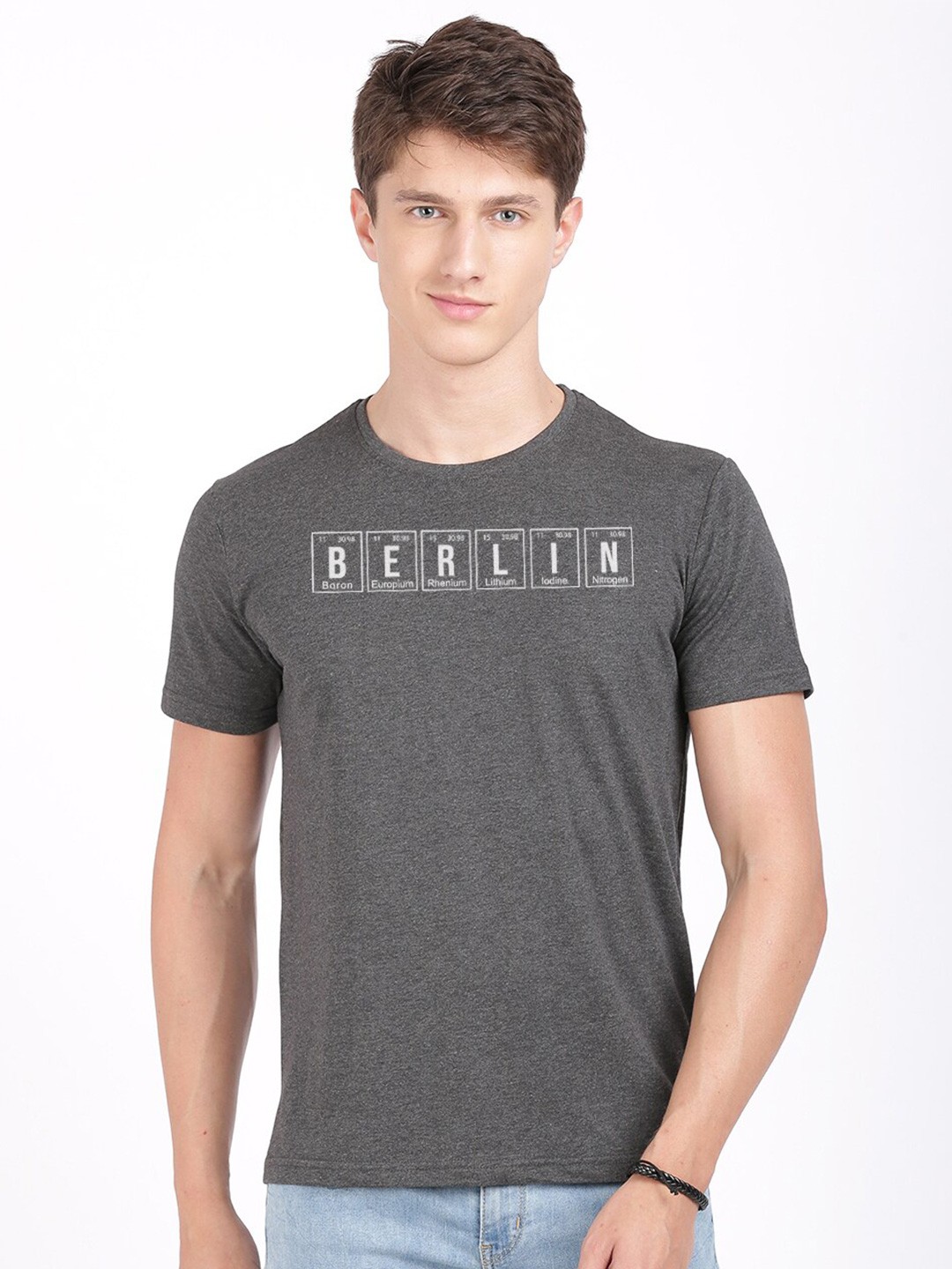 

BLACK RADIO Men Typography Printed Slim Fit Pure Cotton T-shirt, Charcoal