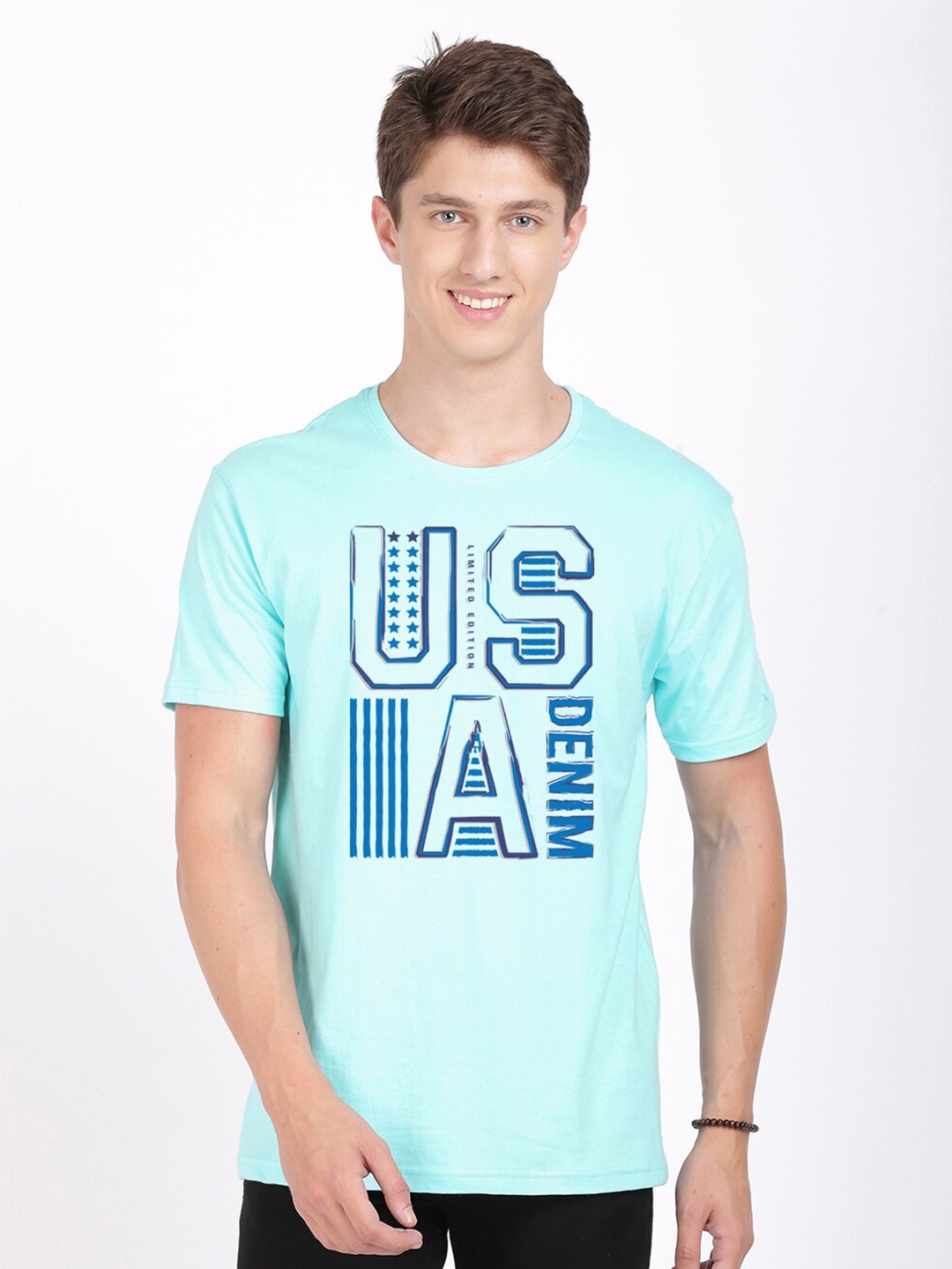 

BLACK RADIO Men Typography Printed Slim Fit Pure Cotton T-shirt, Turquoise blue