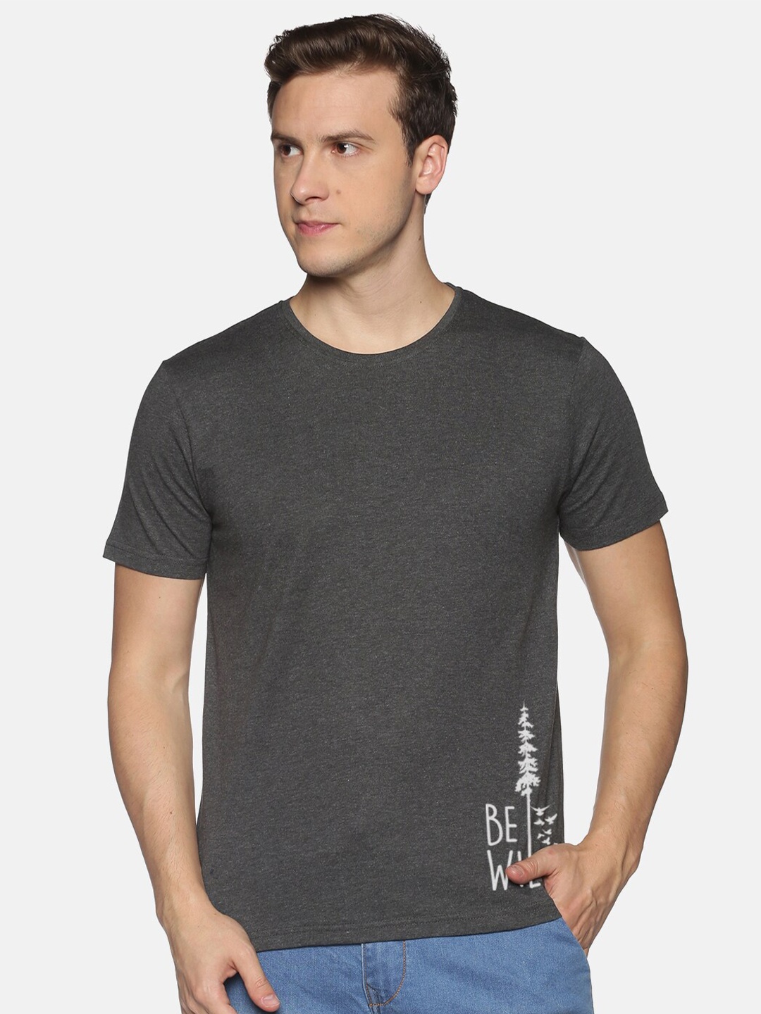

BLACK RADIO Men Typography Slim Fit Cotton T-shirt, Charcoal