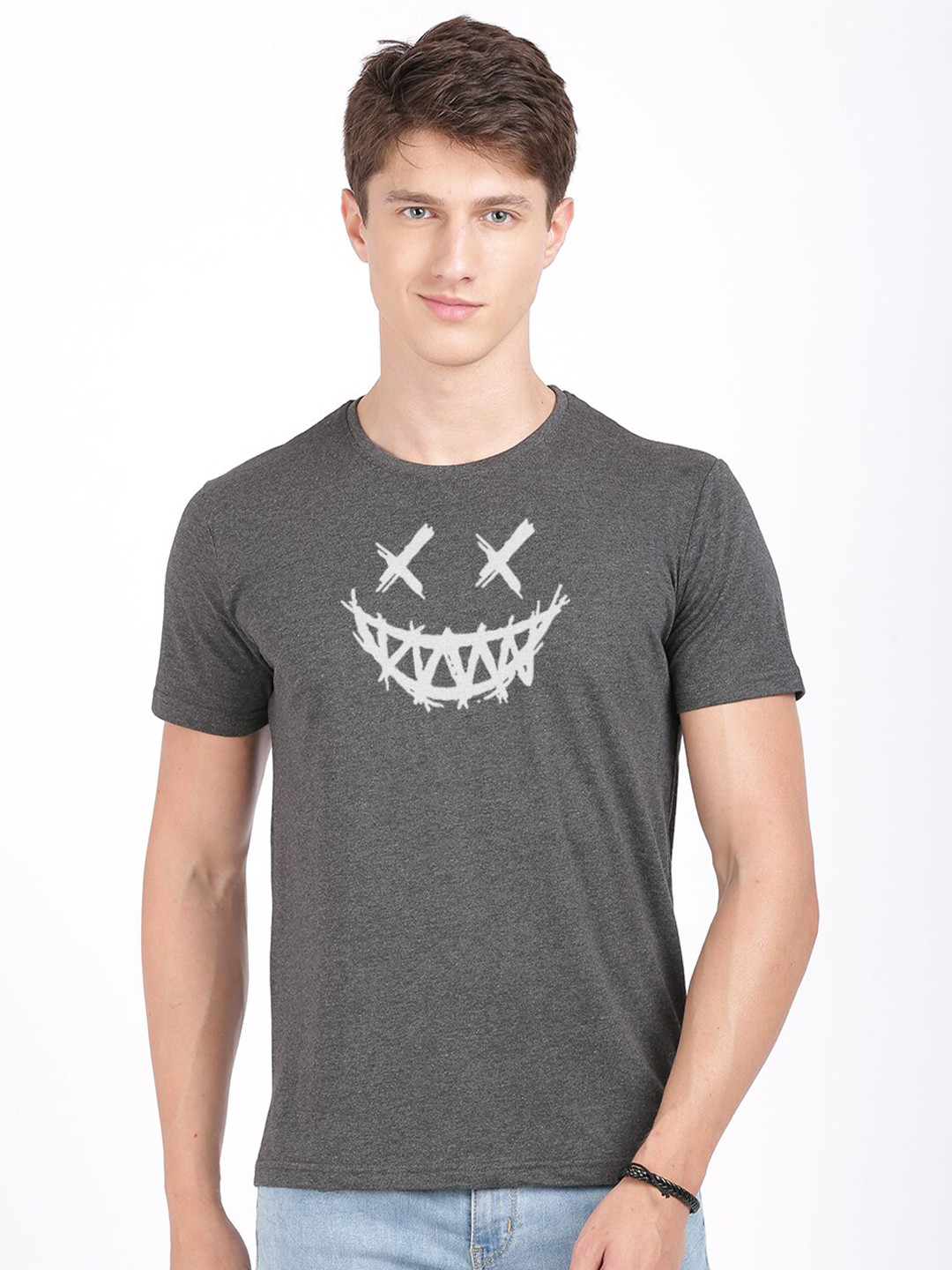 

BLACK RADIO Men Printed Slim Fit Cotton T-shirt, Charcoal