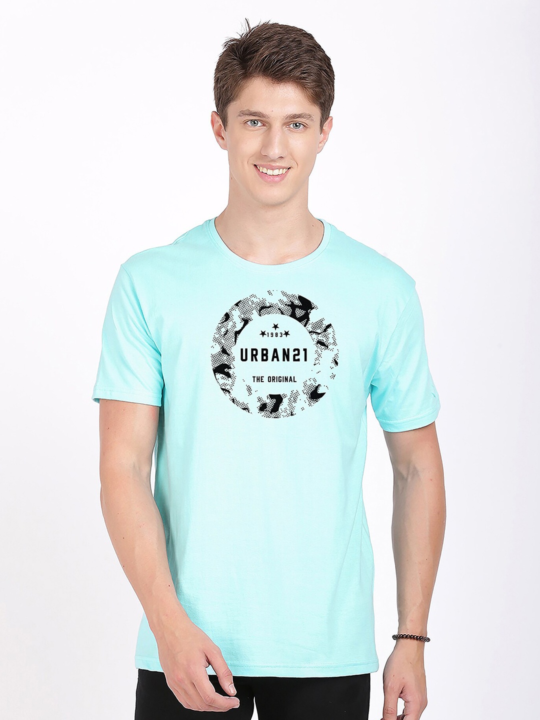 

BLACK RADIO Men Cotton Typography Printed T-shirt, Turquoise blue