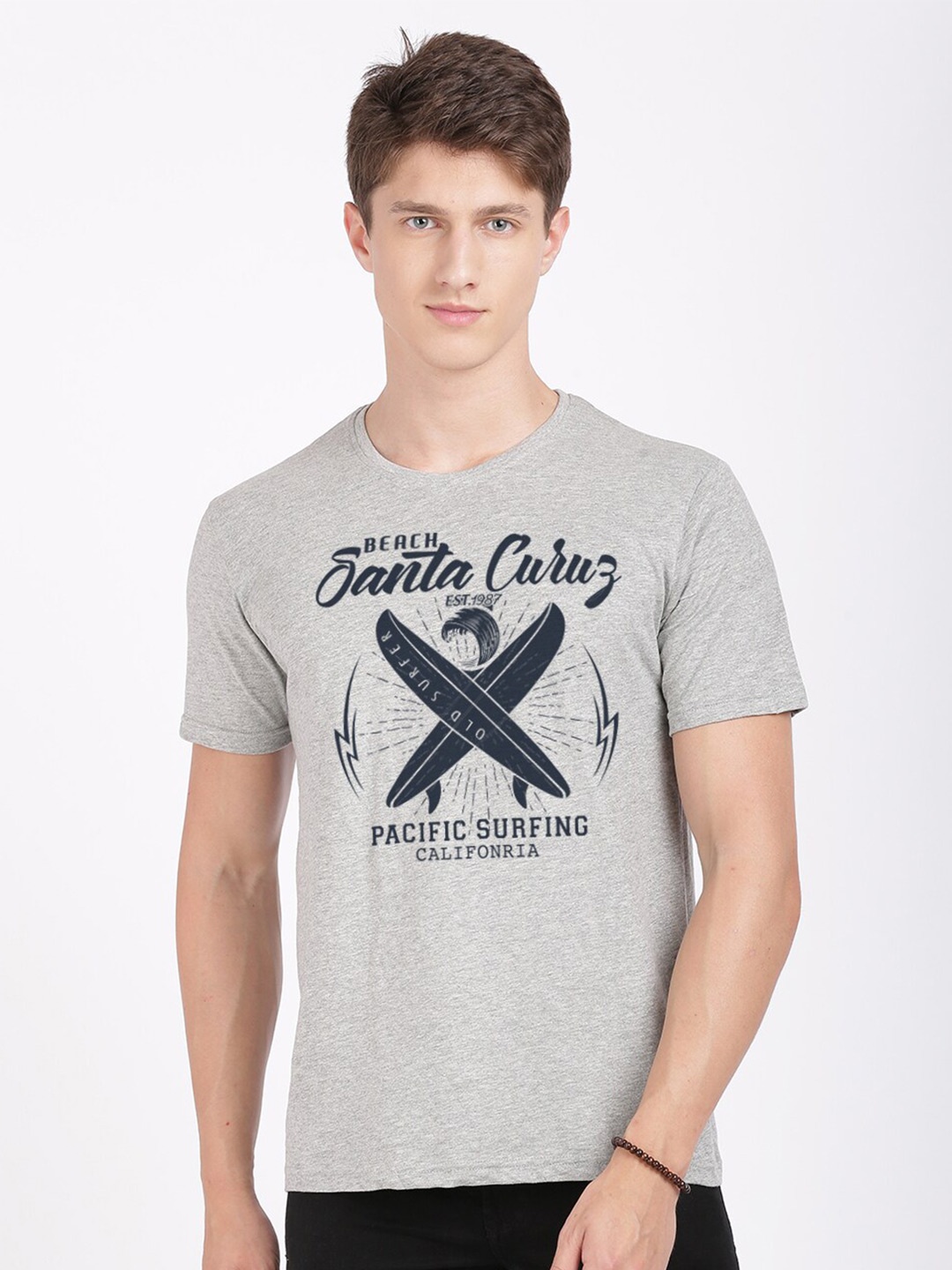 

BLACK RADIO Men Printed Slim Fit Cotton T-shirt, Grey
