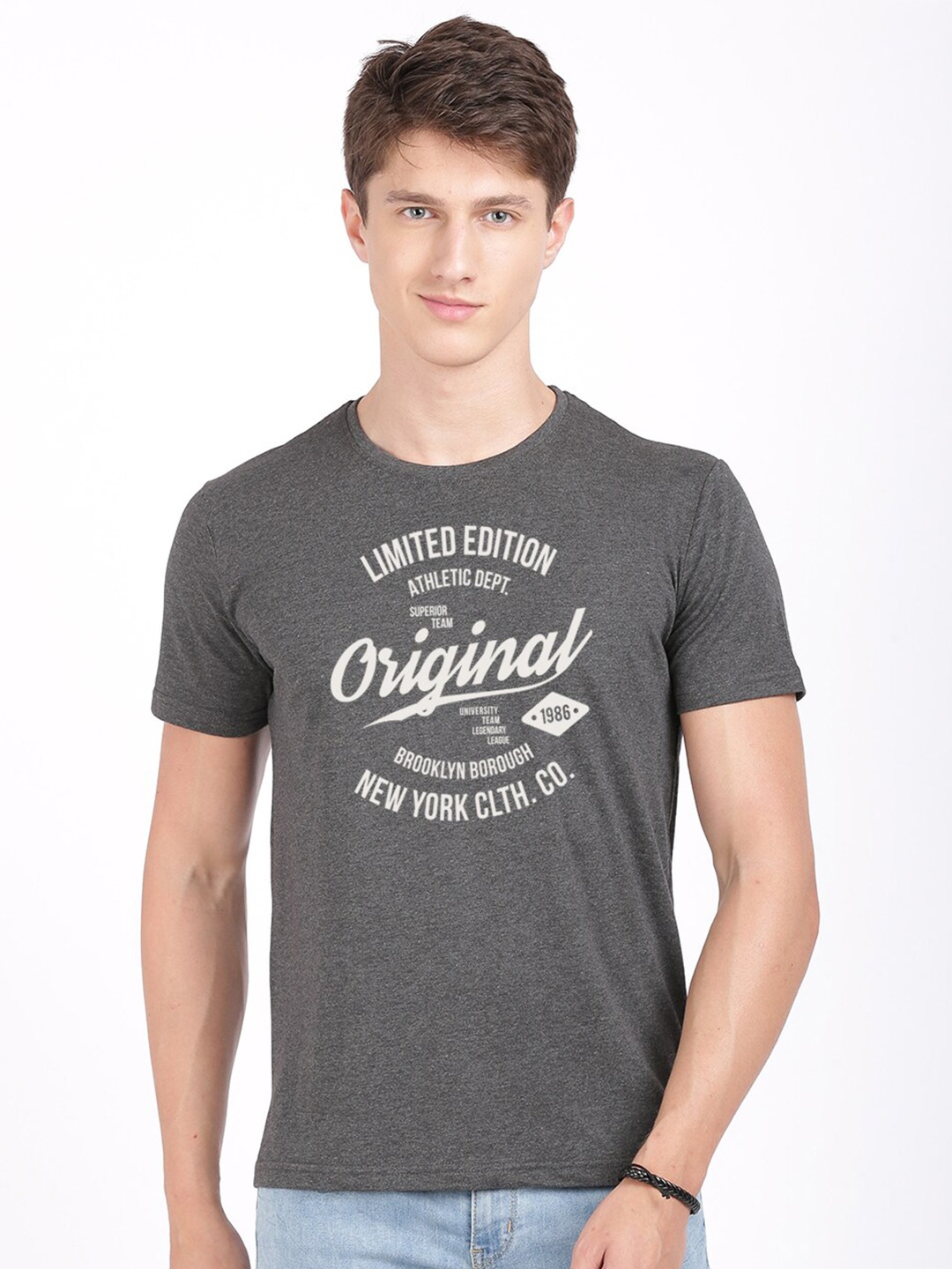 

BLACK RADIO Men Typography Printed Slim Fit Cotton T-shirt, Charcoal