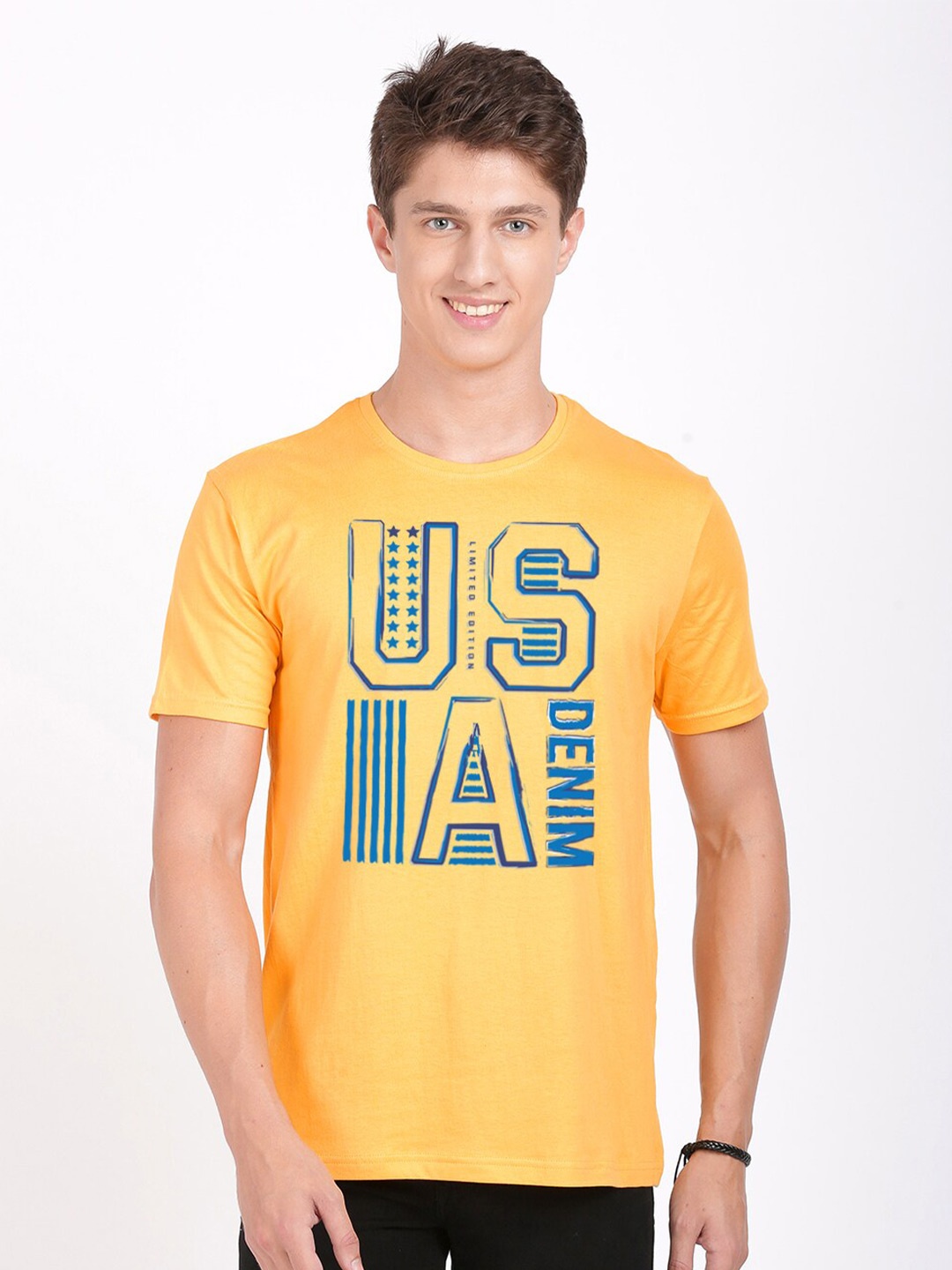 

BLACK RADIO Men Typography Printed Slim Fit Cotton T-shirt, Yellow
