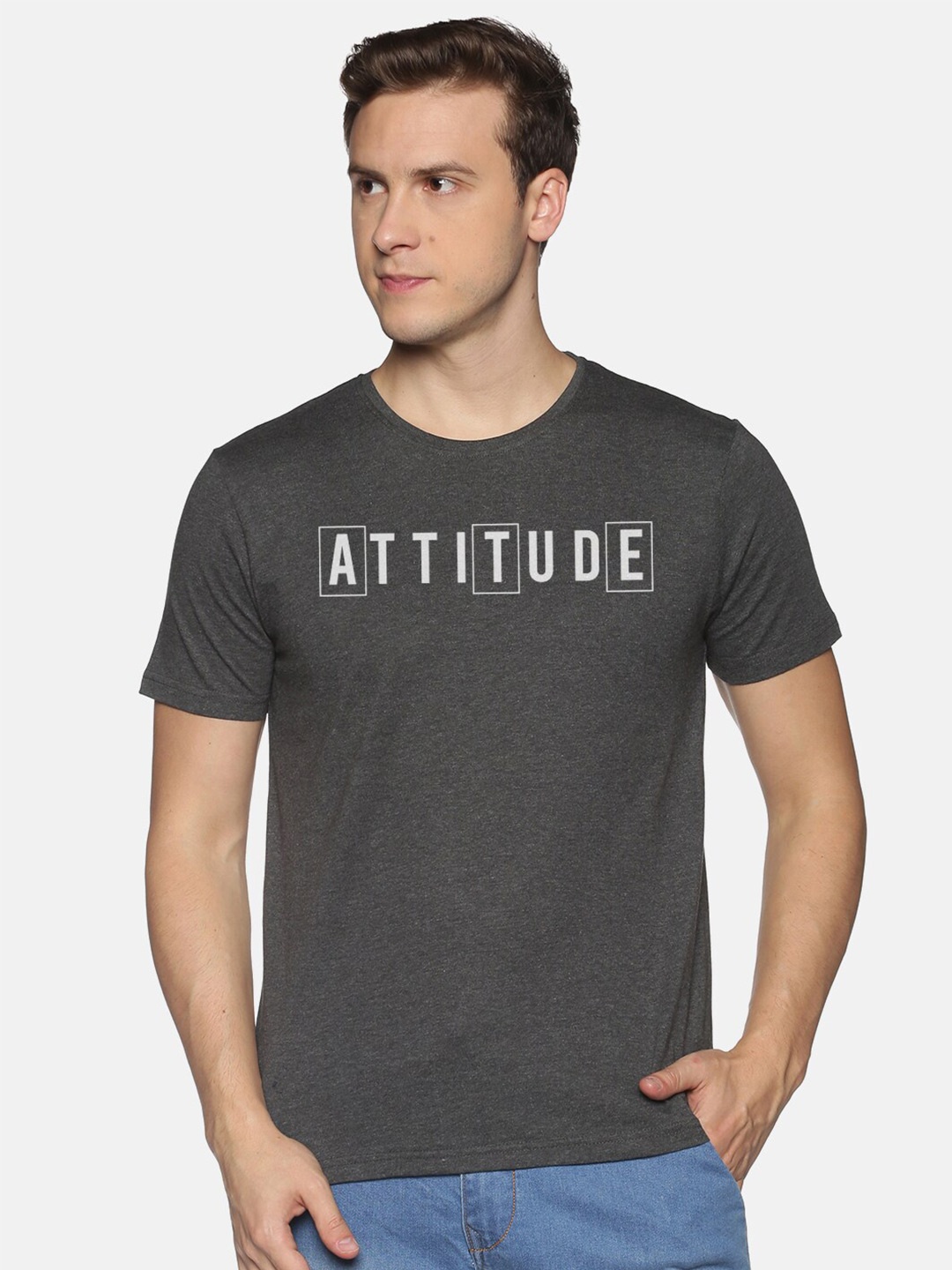 

BLACK RADIO Men Printed Round Neck Cotton T shirt, Charcoal