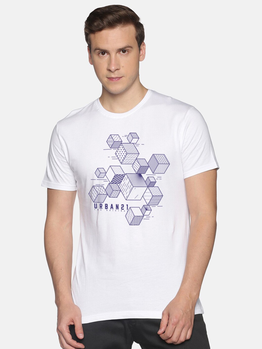 

BLACK RADIO Men Printed Round Neck Cotton T shirt, White