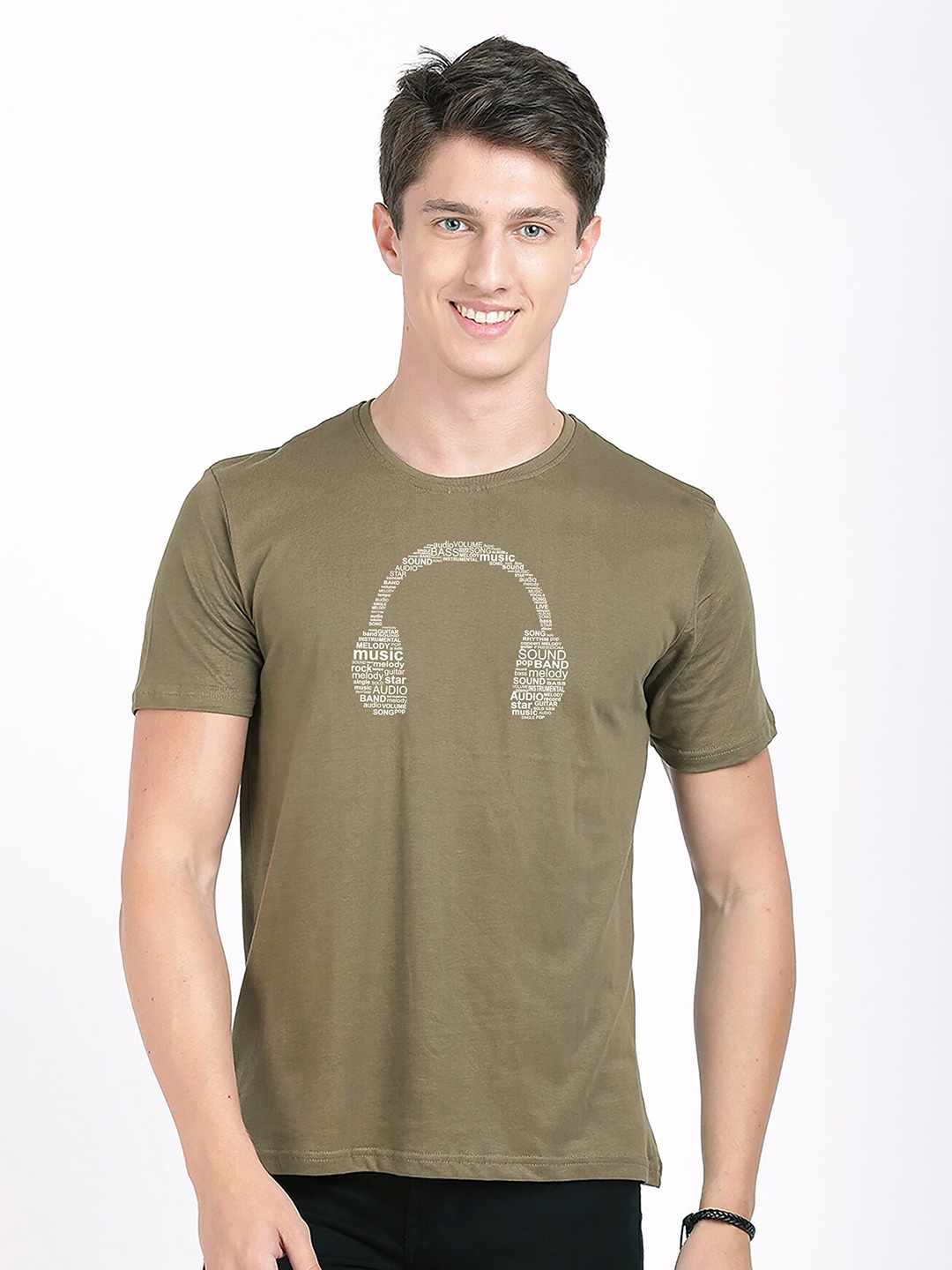 

BLACK RADIO Men Music Printed Slim Fit Cotton T-shirt, Olive