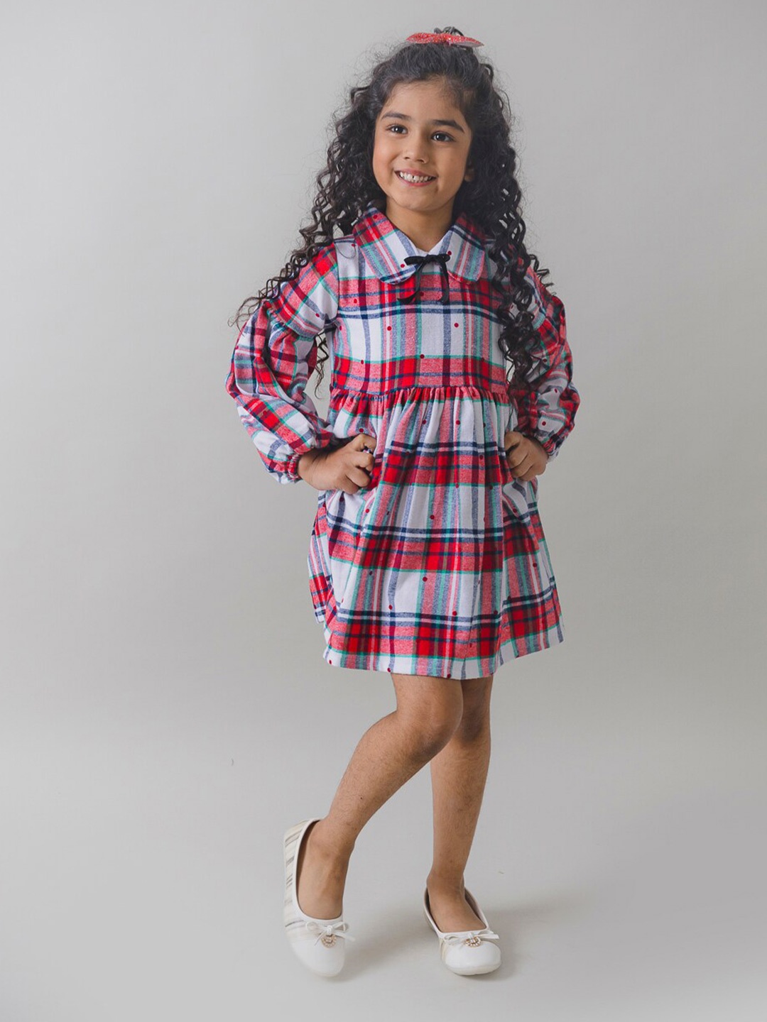 

Fairies Forever Cuffed Sleeves Checked Dress, Red