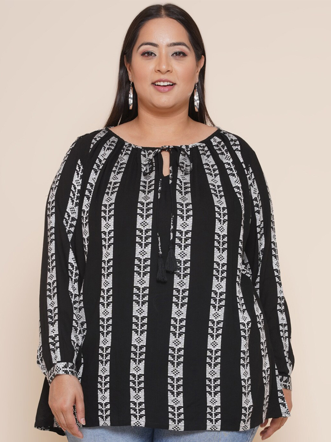 

Kiaahvi by JOHN PRIDE Plus Size Floral Print Tie-Up Neck Top, Black