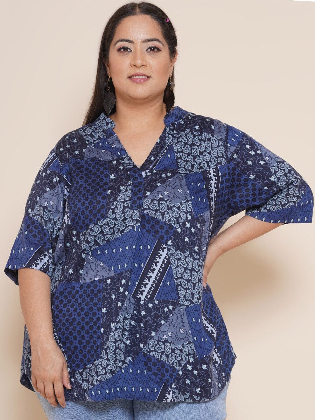 

Kiaahvi by JOHN PRIDE Plus Size Printed Denim Shirt Style Top, Navy blue
