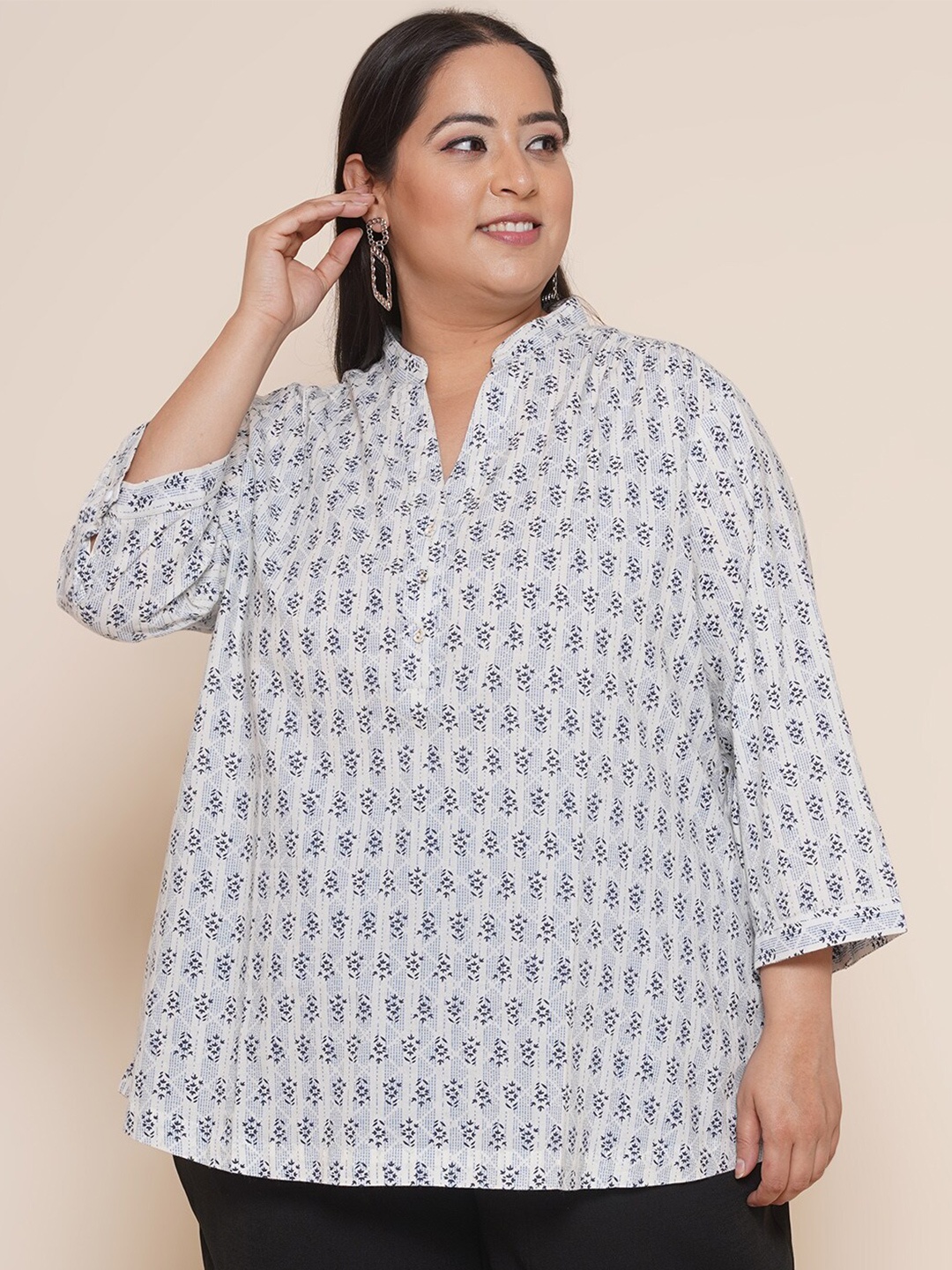 

Kiaahvi by JOHN PRIDE Plus Size Floral Print Mandarin Collar Shirt Style Top, White