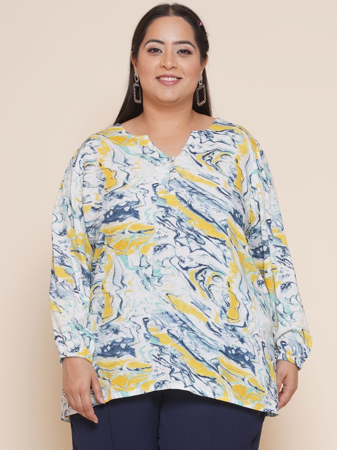 Kiaahvi by JOHN PRIDE Plus Size Print Top, White