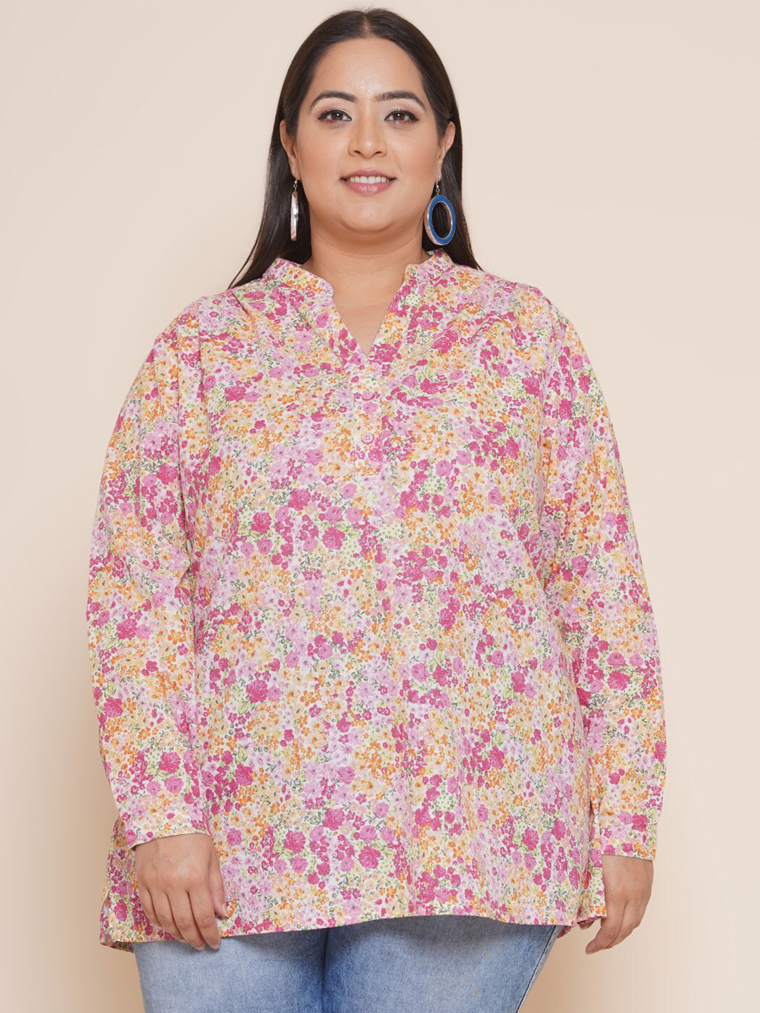 

Kiaahvi by JOHN PRIDE Plus Size Floral Print Mandarin Collar Shirt Style Top, Pink