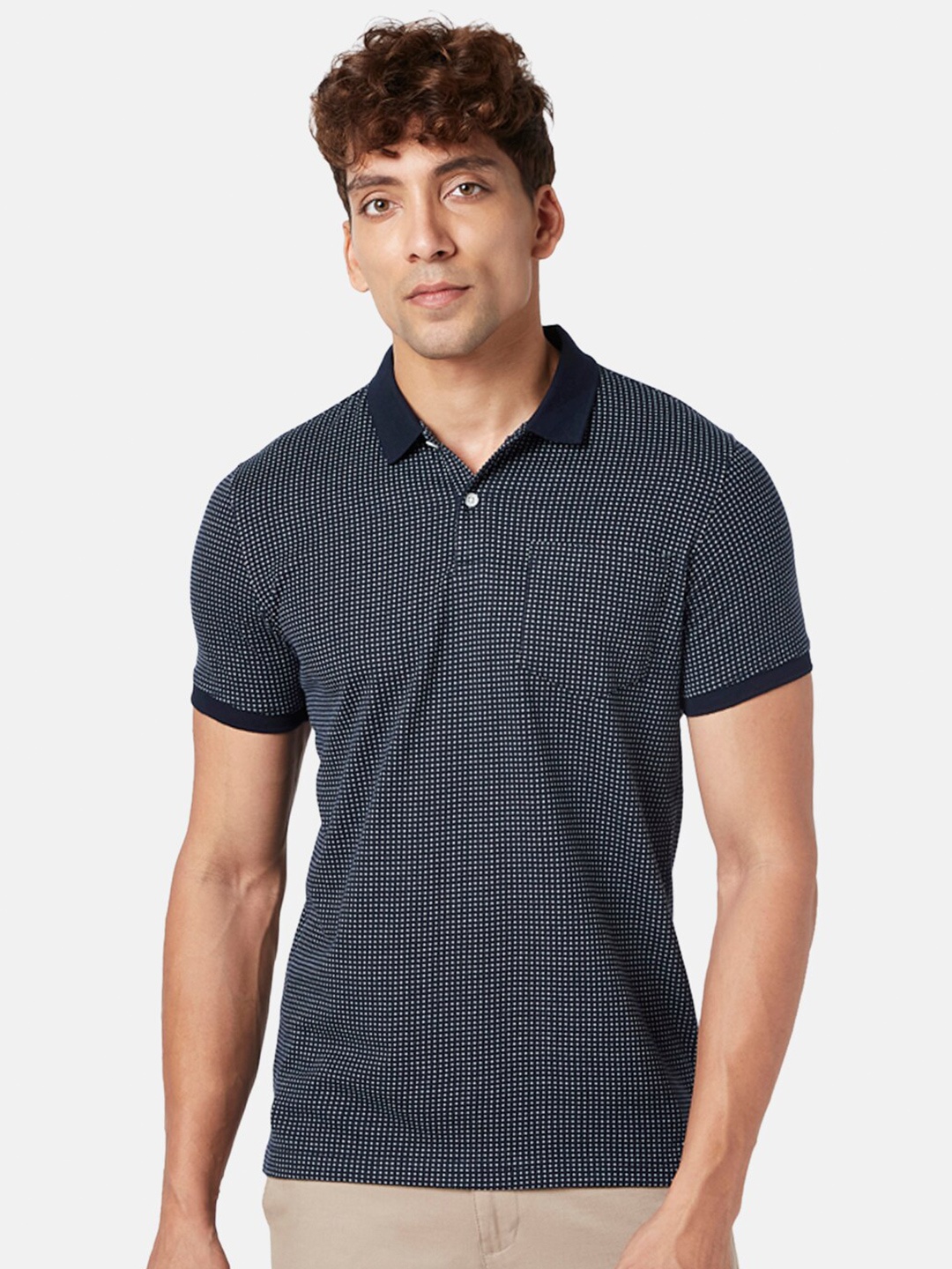 

BYFORD by Pantaloons Men Geometric Micro Printed Polo Collar T-shirt, Navy blue