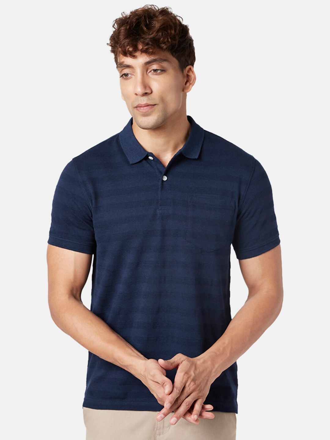 

BYFORD by Pantaloons Men Striped Polo Collar Slim Fit T-shirt, Navy blue