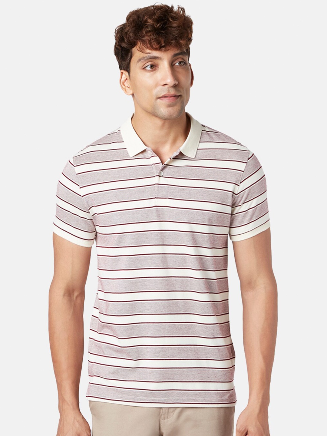 

BYFORD by Pantaloons Men Striped Polo Collar Slim Fit T-shirt, White