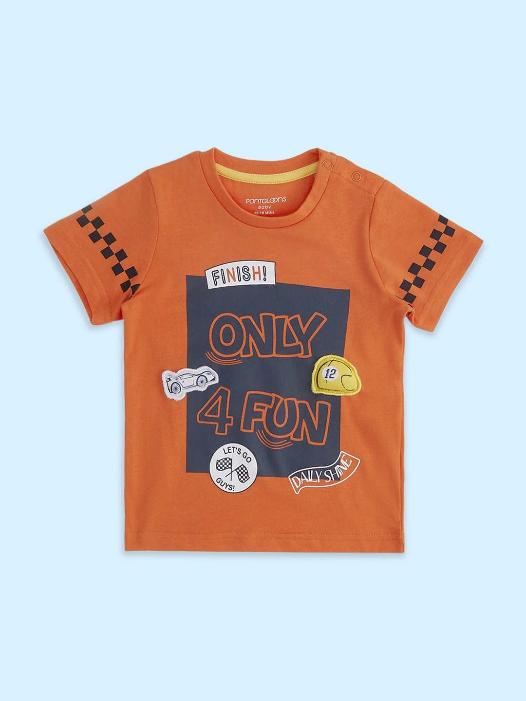 

Pantaloons Baby Boys Typography Printed Applique Cotton T-shirt, Orange