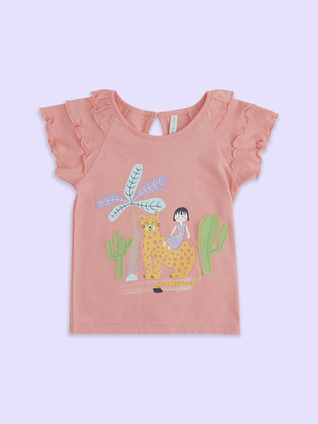 

Pantaloons Baby Girls Printed Applique Cotton T-shirt, Peach