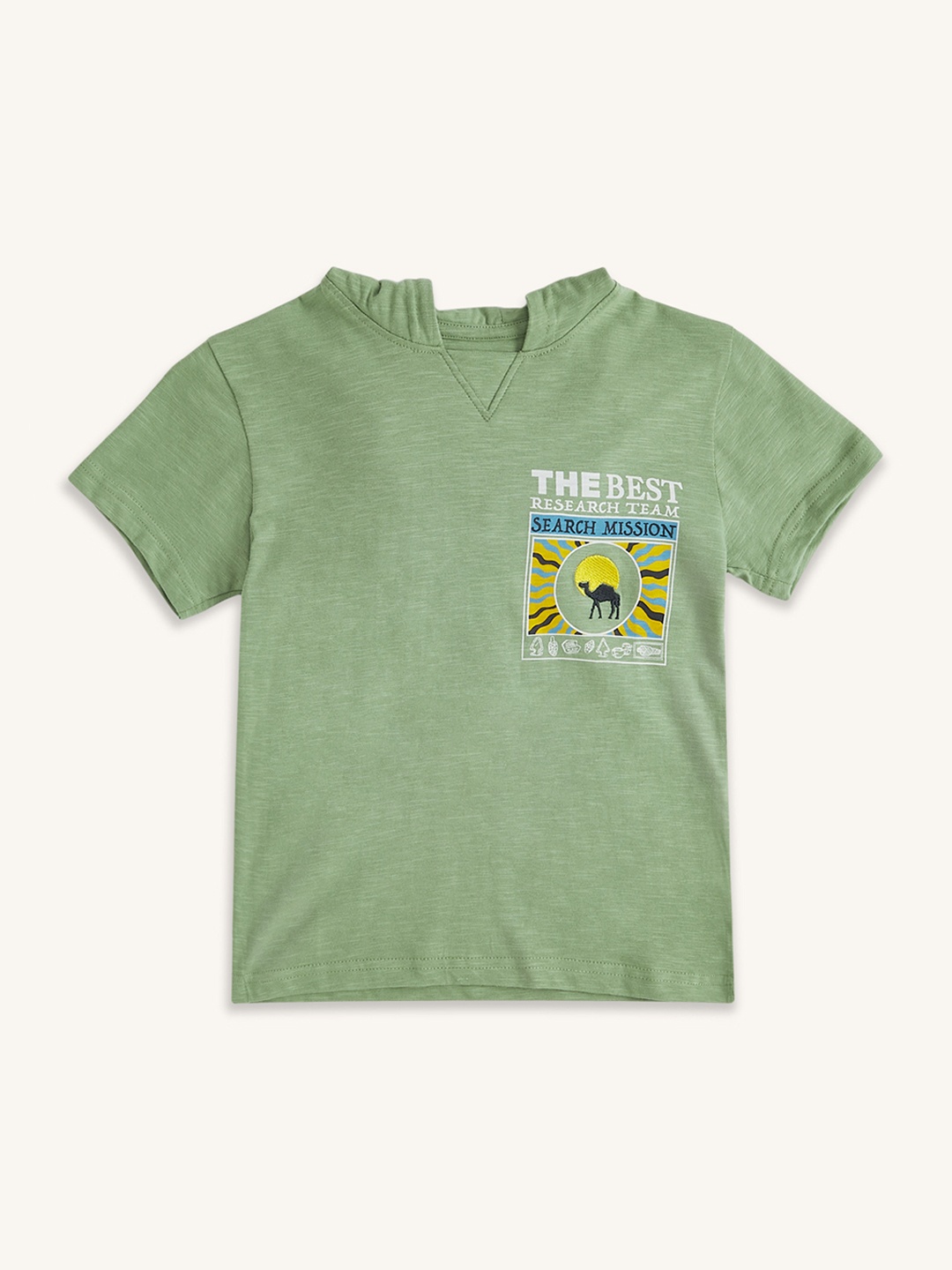 

Pantaloons Junior Boys Typography Printed Hooded Cotton T-shirt, Olive