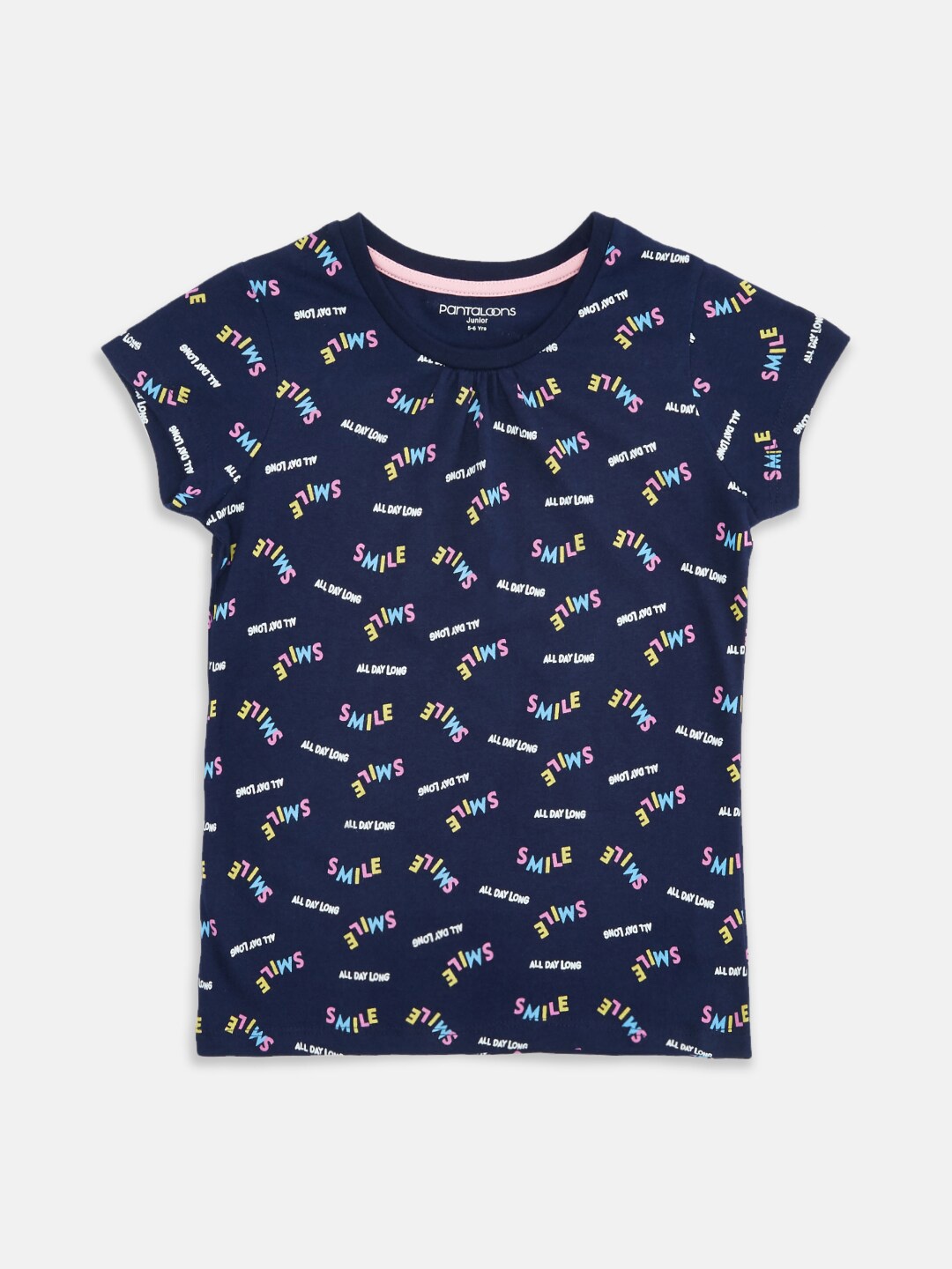

Pantaloons Junior Girls Typography Printed Cotton T-shirt, Navy blue