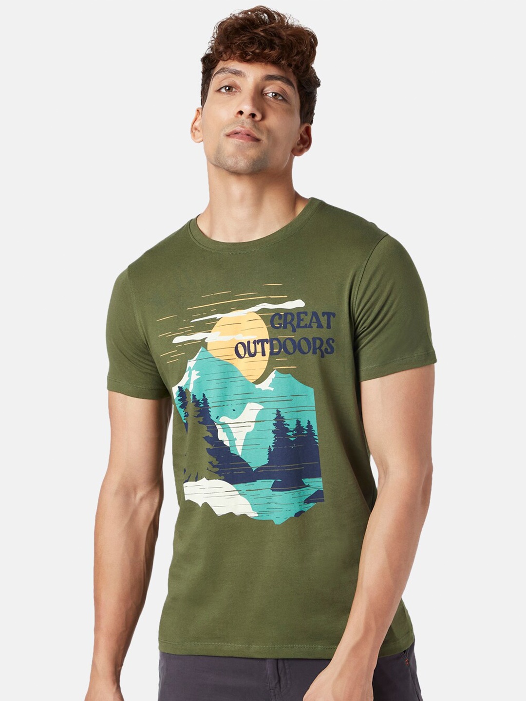 

Urban Ranger by pantaloons Men Printed Slim Fit T-shirt, Green