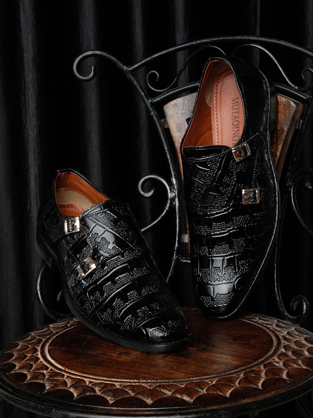 

MUTAQINOTI Men Textured Formal Monks, Black