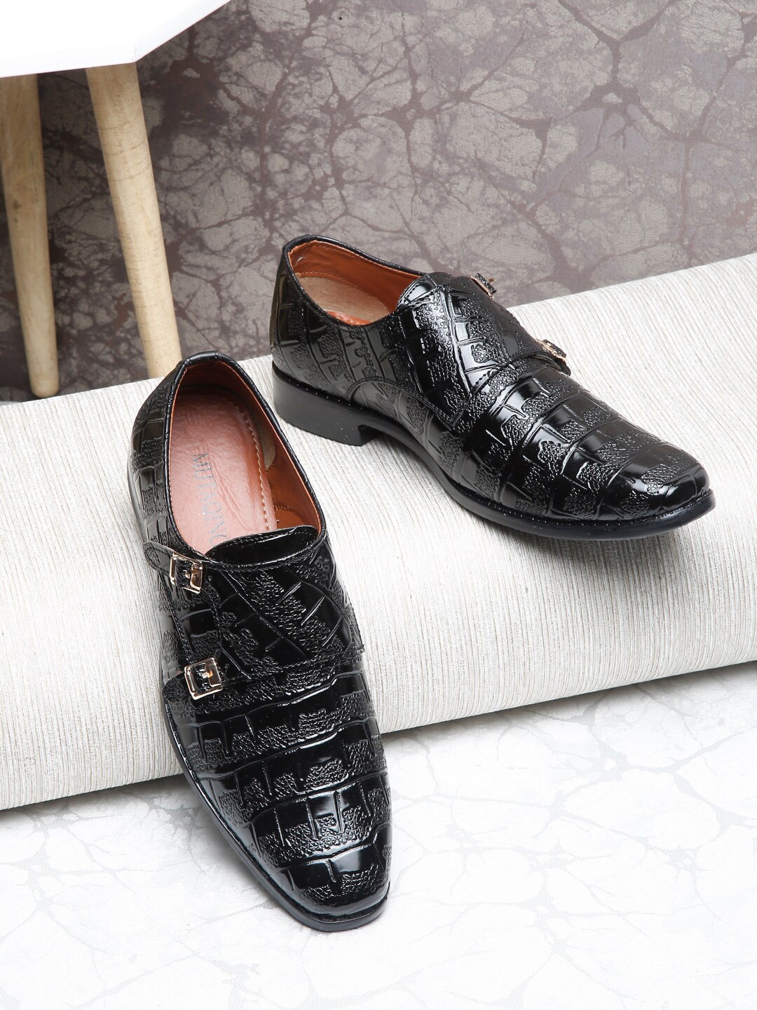 

MUTAQINOTI Men Textured Leather Formal Monk Shoes, Black