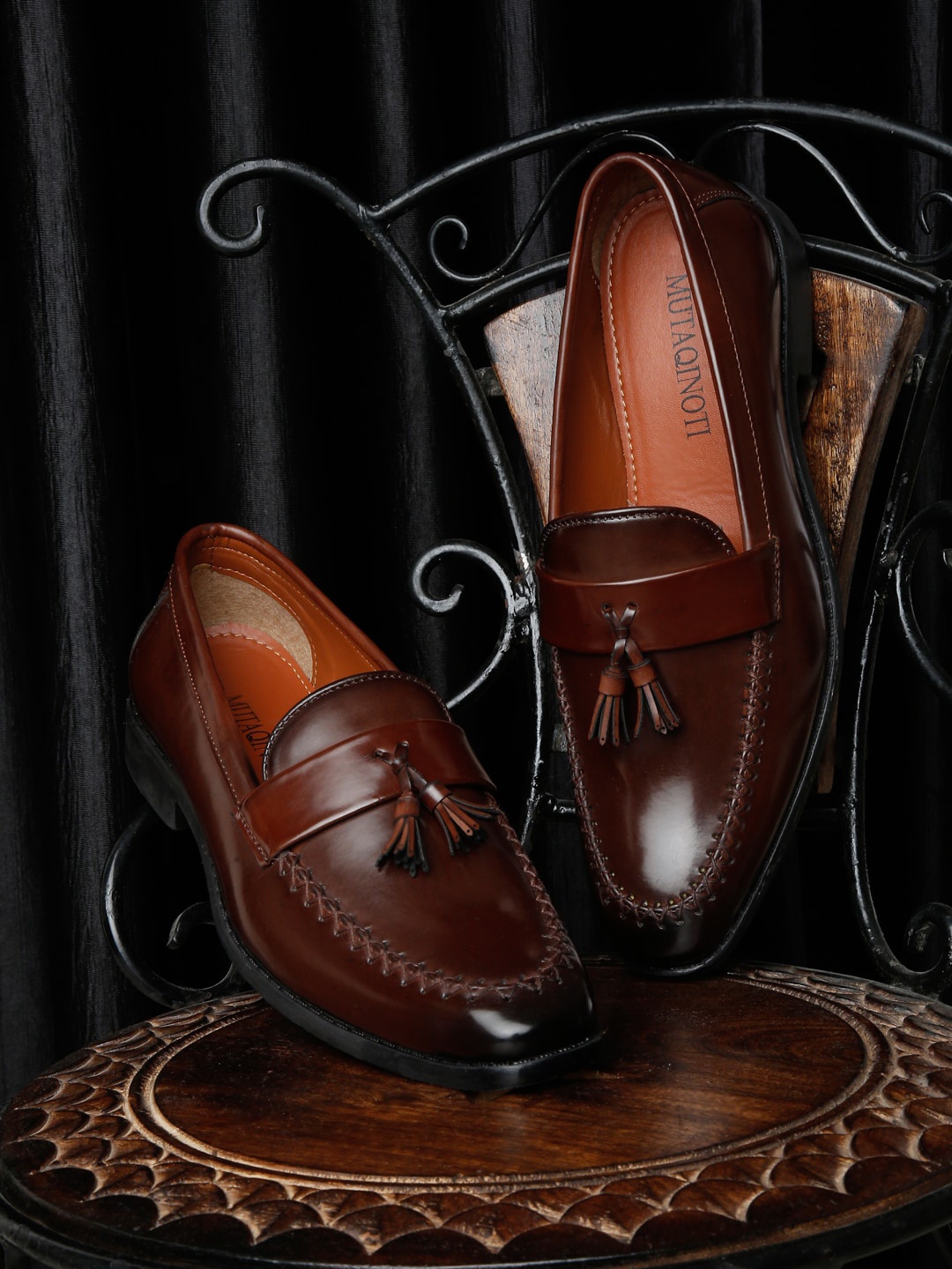 MUTAQINOTI Men Leather Formal Loafers, Brown