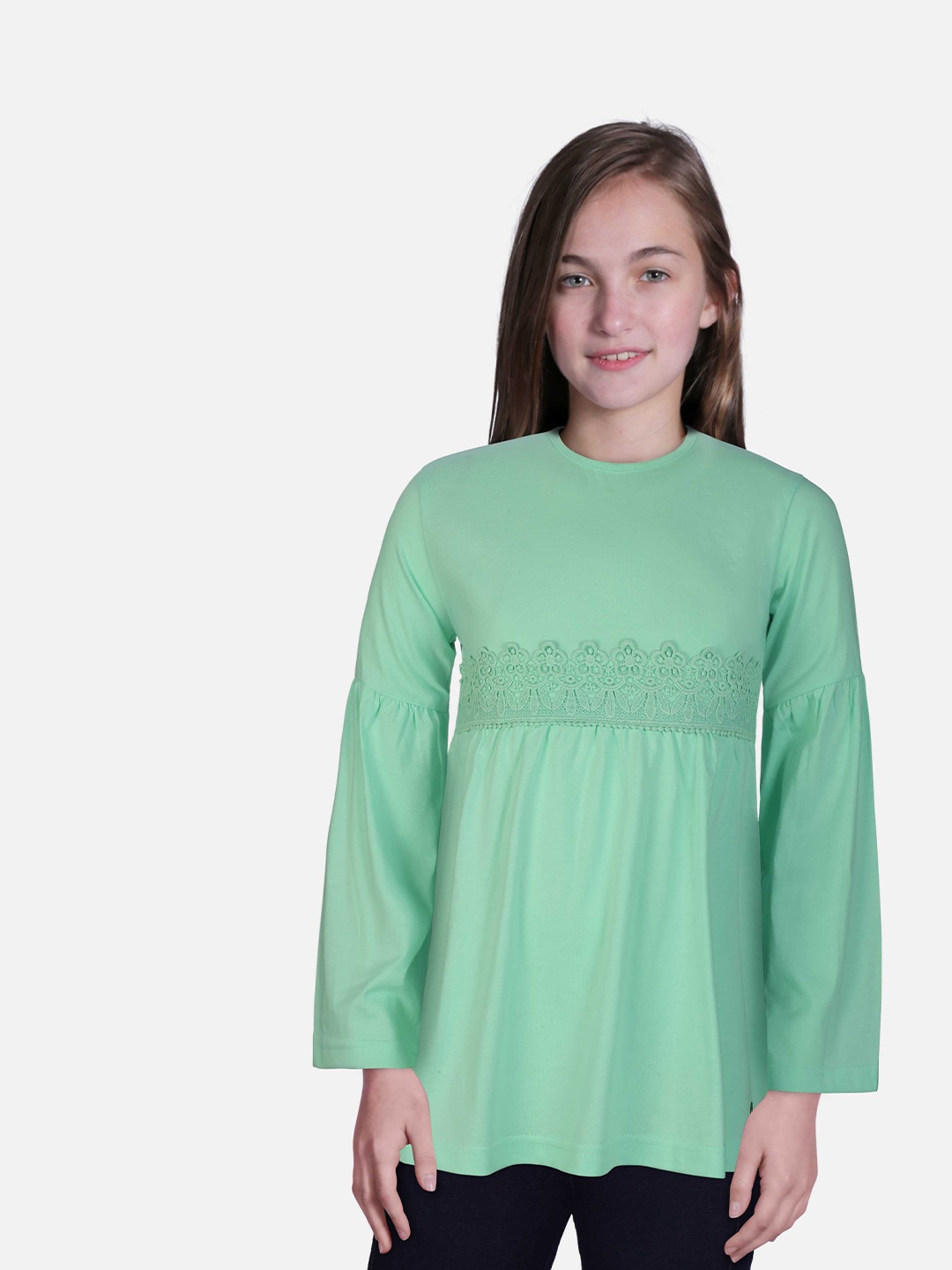 

Gini and Jony Girls Bell Sleeves Lace Inserts Pure Cotton Top, Green