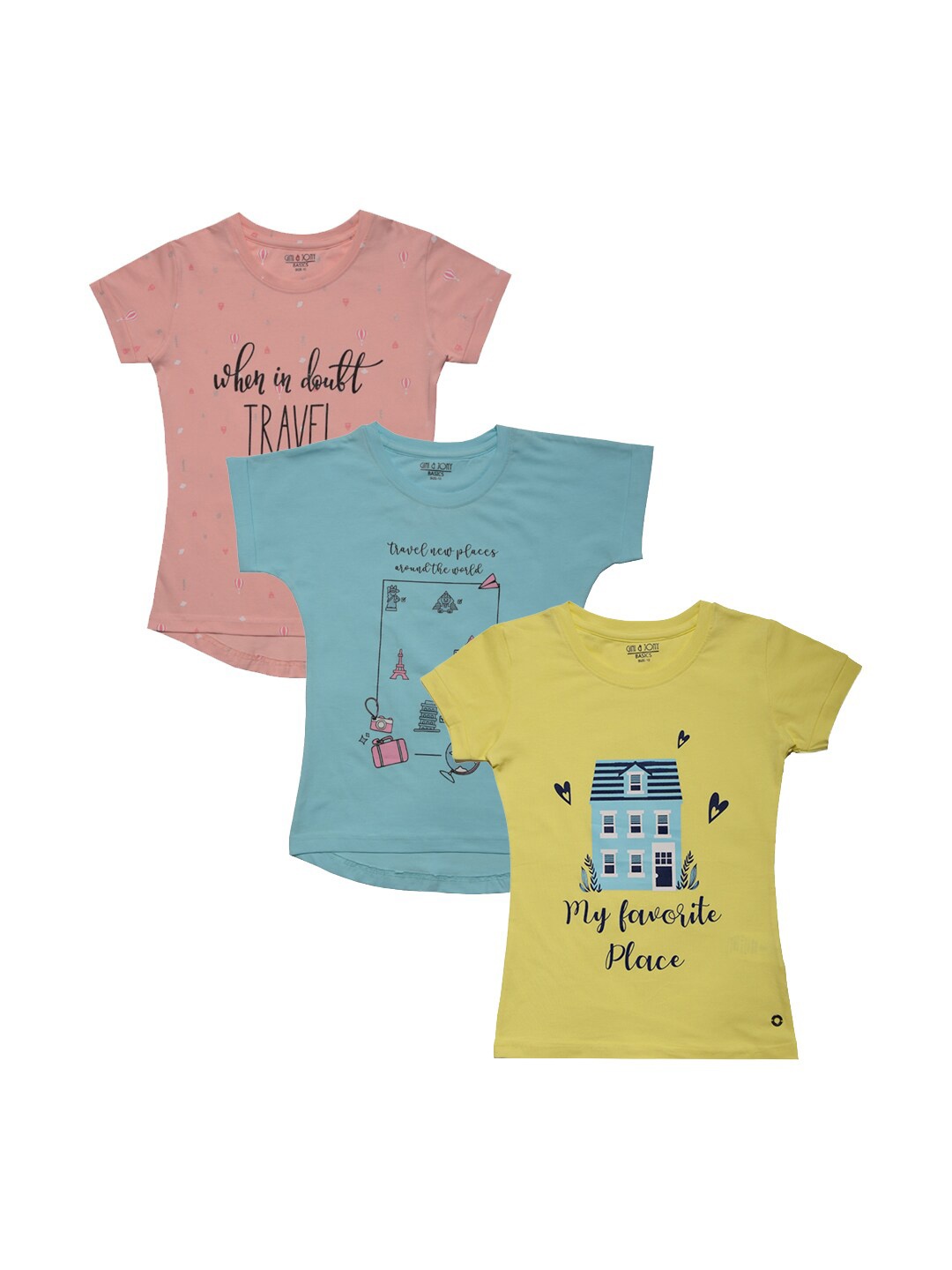 

Gini and Jony Girls Pack of 3 Typography Printed Cotton T-shirts, Yellow