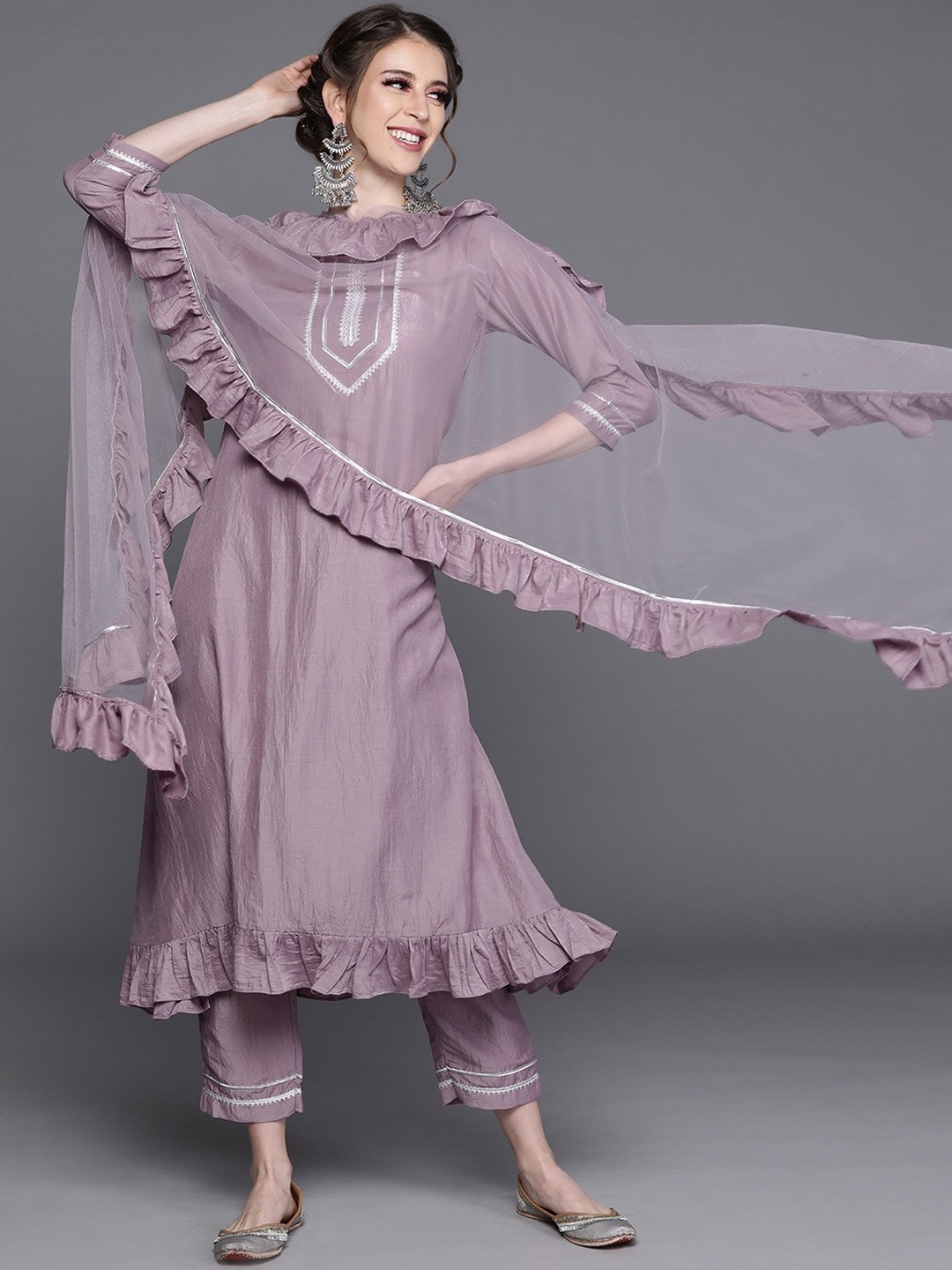 

MASSTANI BY INDDUS Embroidered Round Neck Kurta with Trousers & Dupatta, Purple