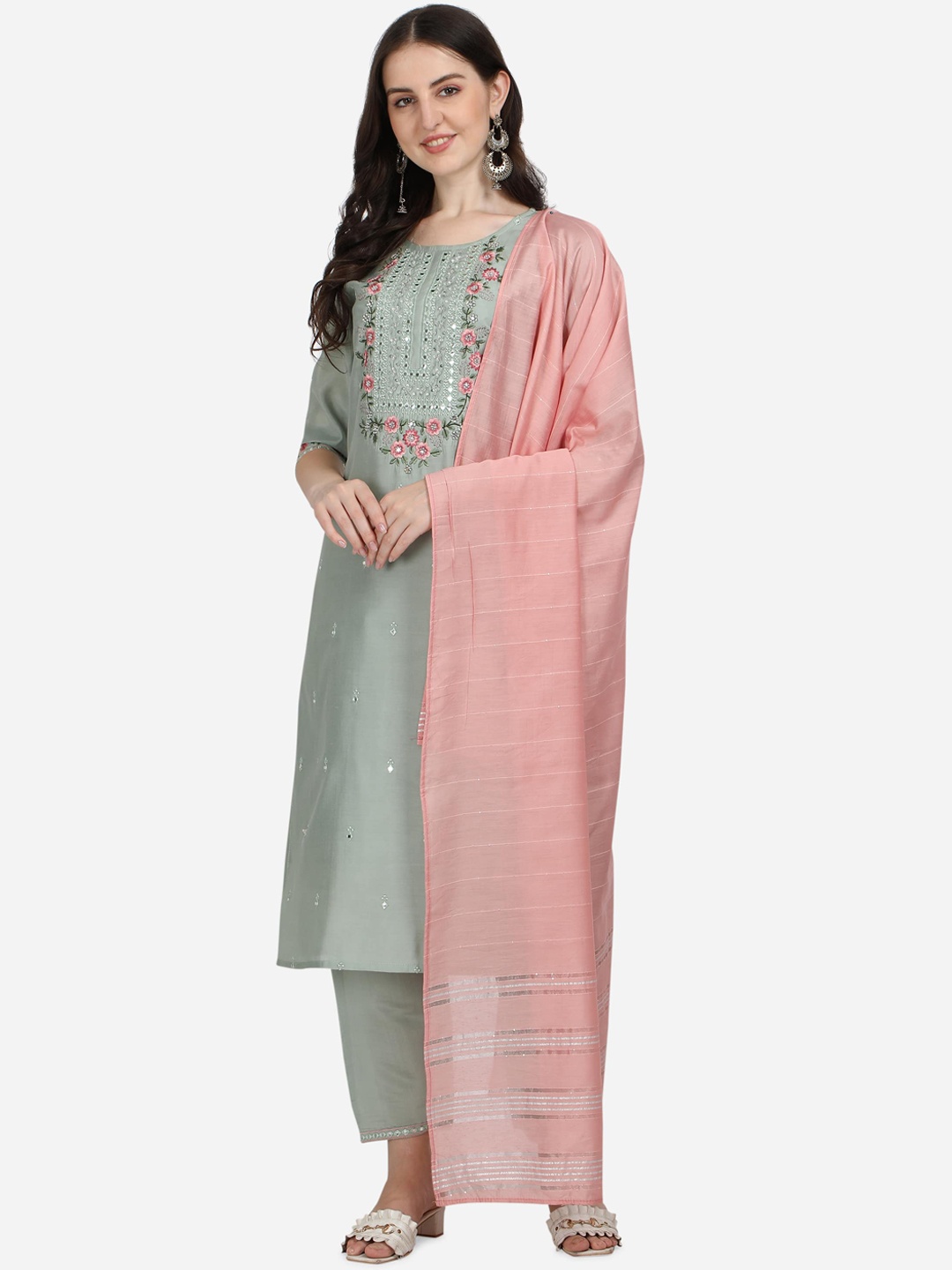 

Berrylicious Women Floral Embroidered Chanderi Cotton Kurta with Trousers & Dupatta, Green