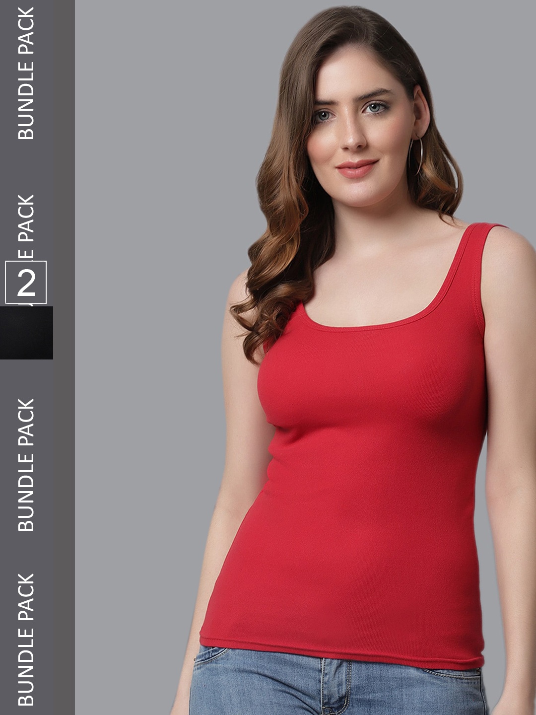 

KEX Women Pack Of 2 Cotton Round Neck Camisoles TT-RN-BLKRED-586-S, Black